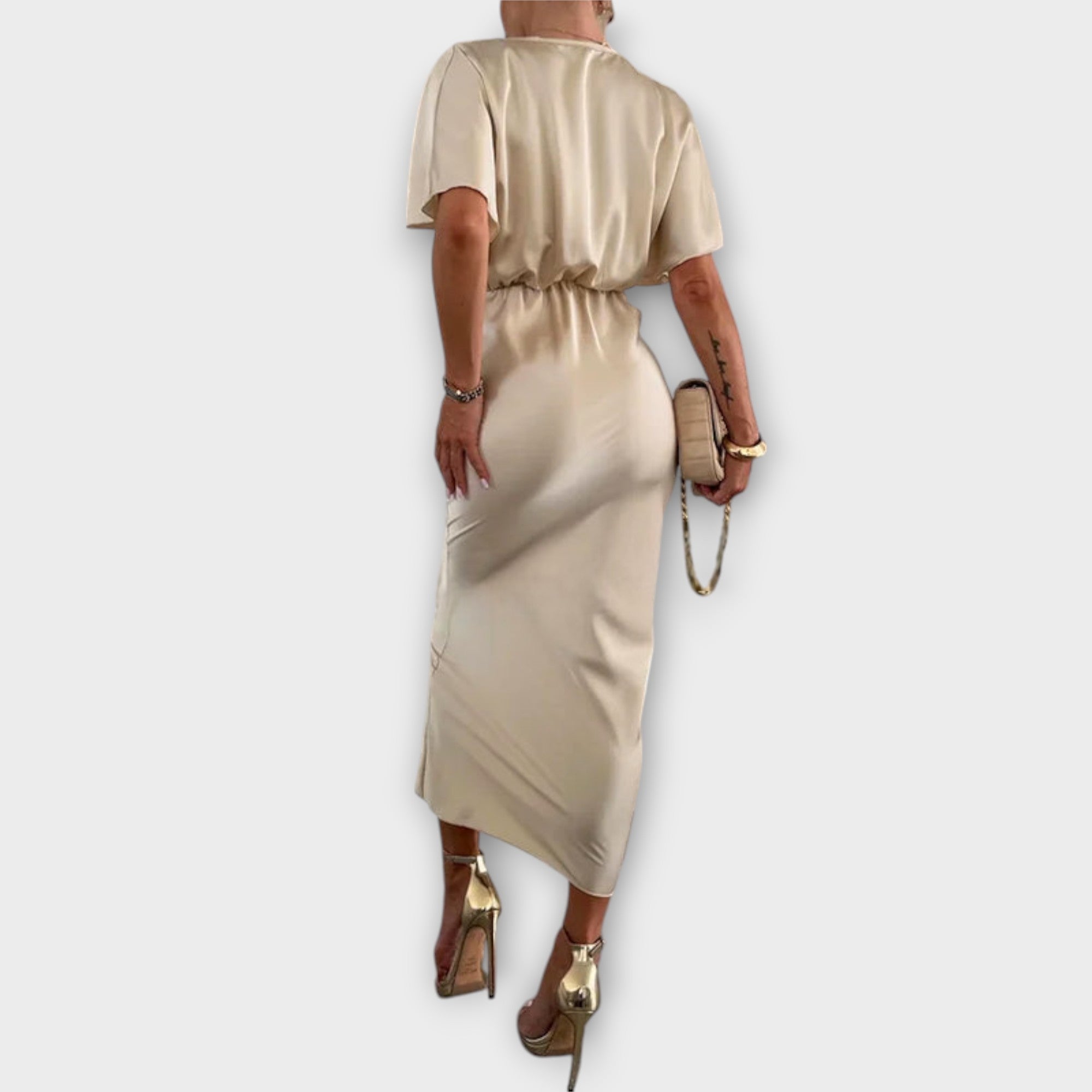 Sable - Solid Satin V-Hals Krysse Knute Slim Fit Maxi Kjole