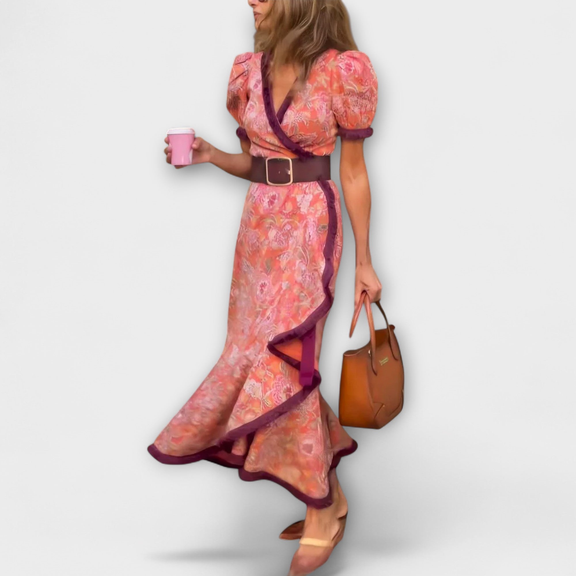 Elegant Rosa Maxi Kjole med Korte Ermer