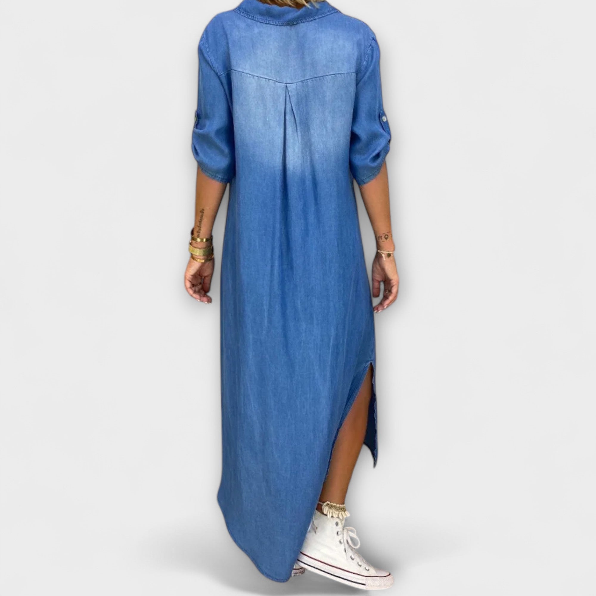Lea - Lang Denim-Look Kjole med Sideslitt