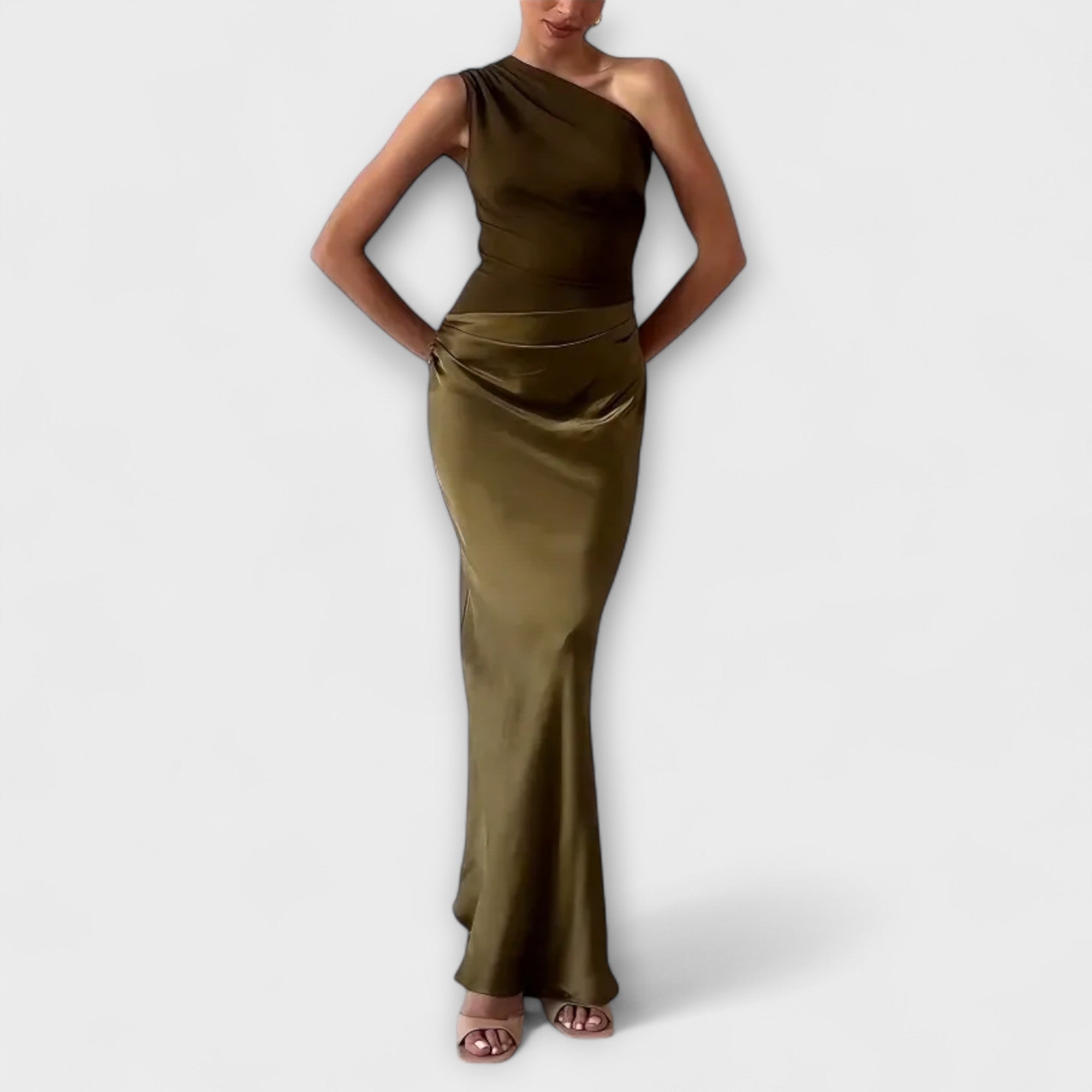 Elegant En-Skulder Plisserte Maxi Kjole