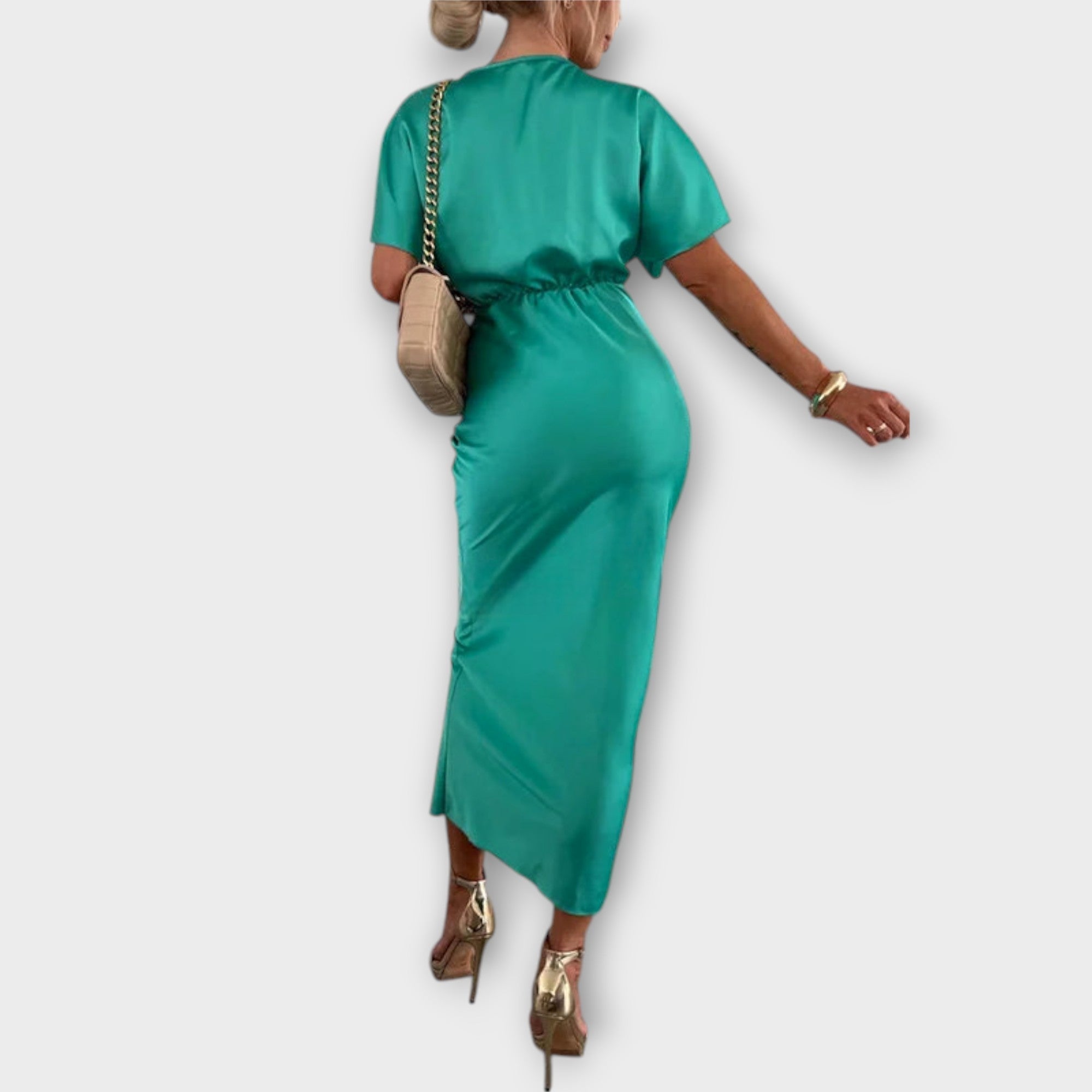 Sable - Solid Satin V-Hals Krysse Knute Slim Fit Maxi Kjole