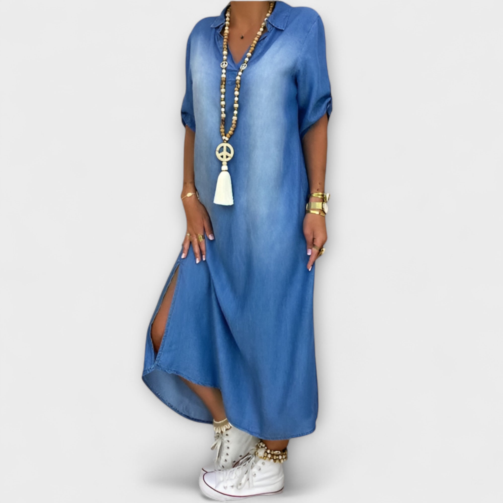 Lea - Lang Denim-Look Kjole med Sideslitt