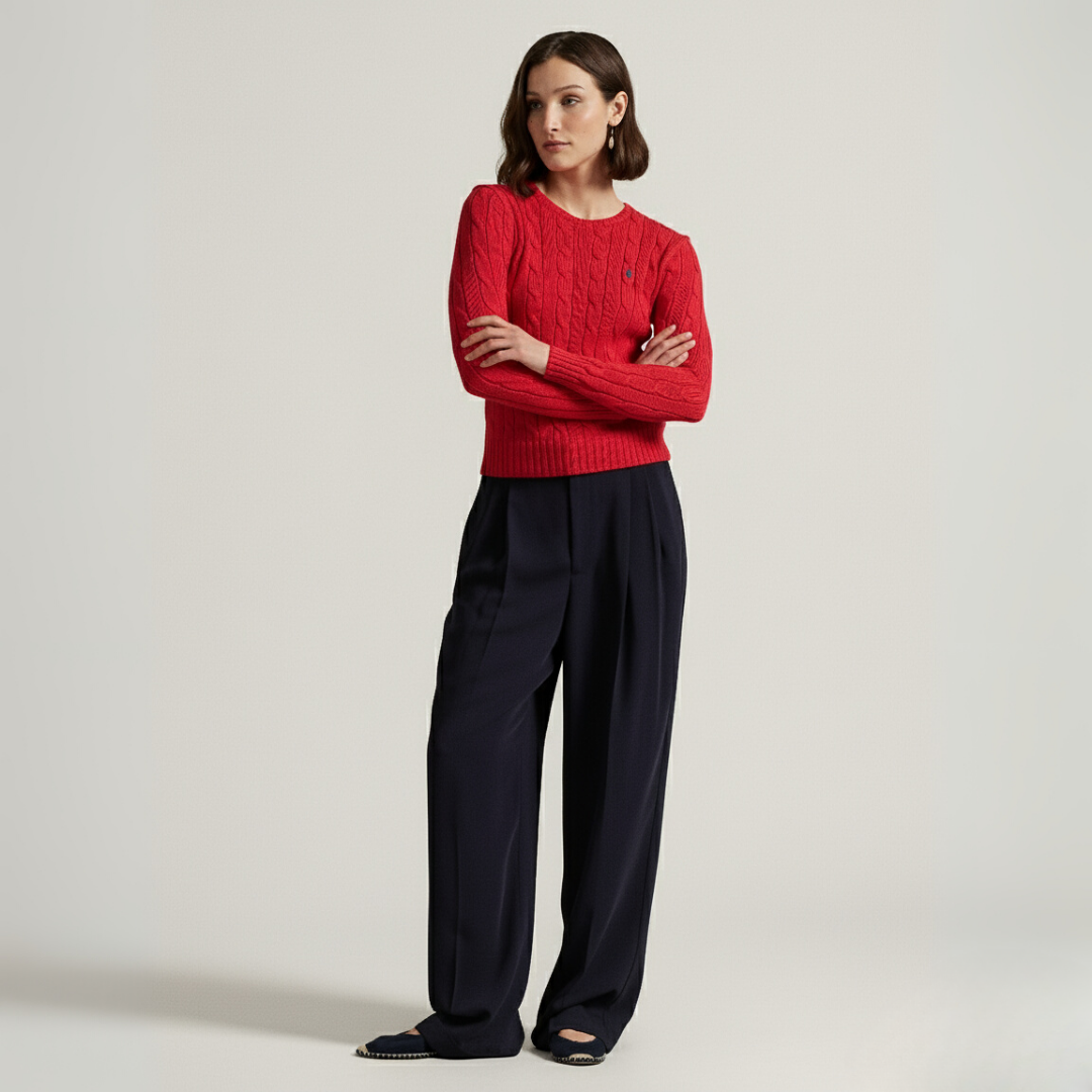 Zopfmuster-Baumwollpullover med rund hals