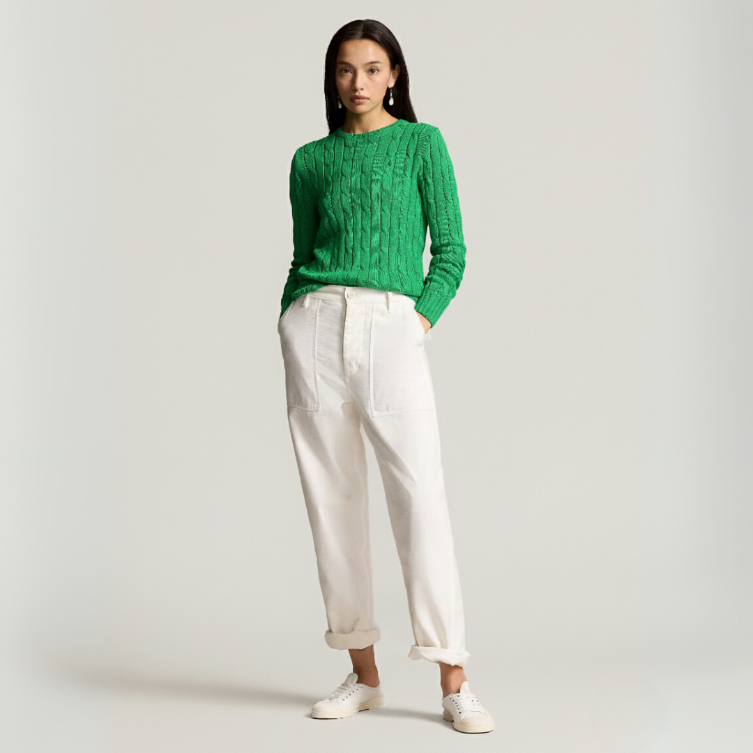 Zopfmuster-Baumwollpullover med rund hals