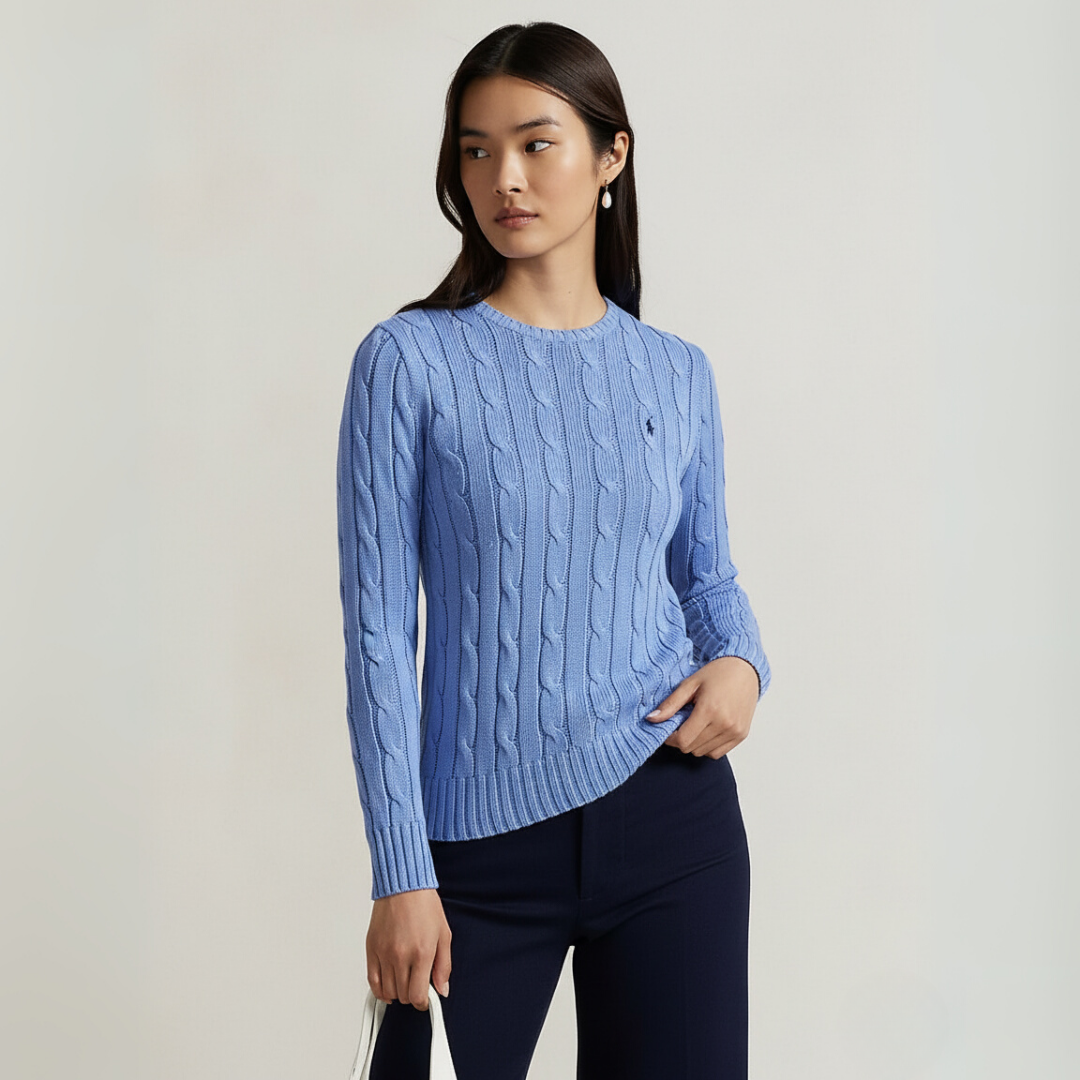 Zopfmuster-Baumwollpullover med rund hals