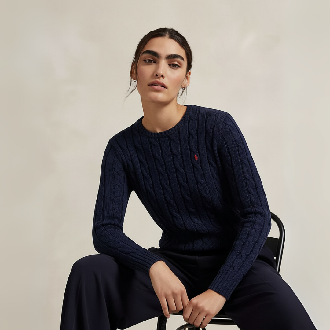 Zopfmuster-Baumwollpullover med rund hals