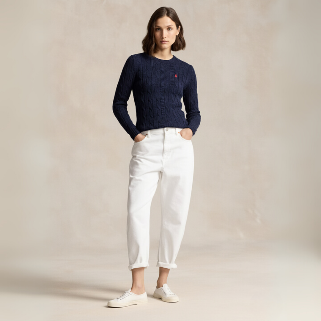 Zopfmuster-Baumwollpullover med rund hals
