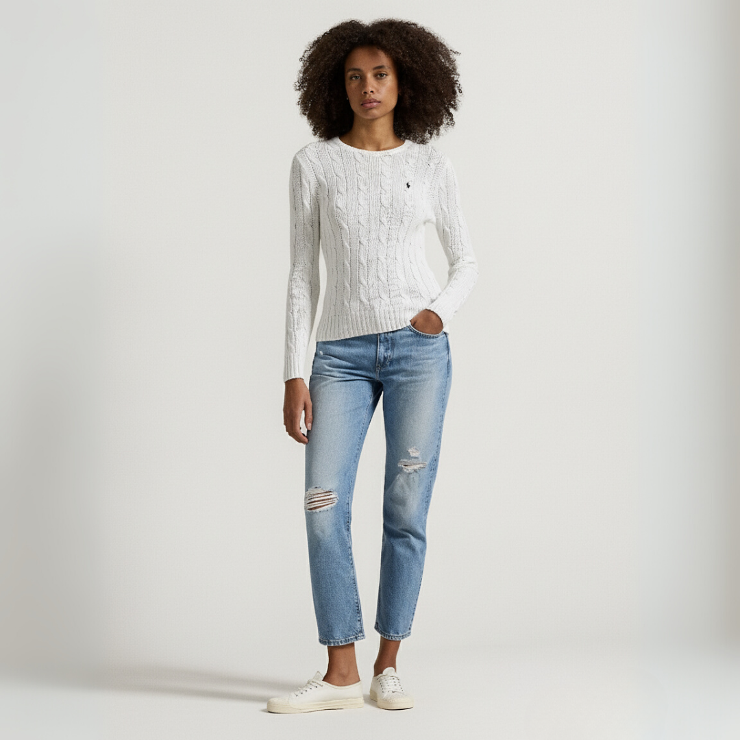 Zopfmuster-Baumwollpullover med rund hals