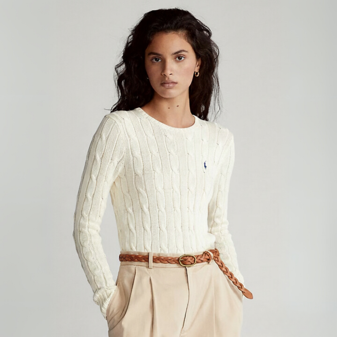 Zopfmuster-Baumwollpullover med rund hals
