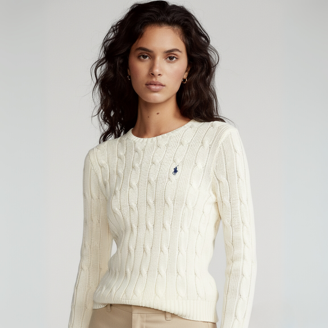 Zopfmuster-Baumwollpullover med rund hals