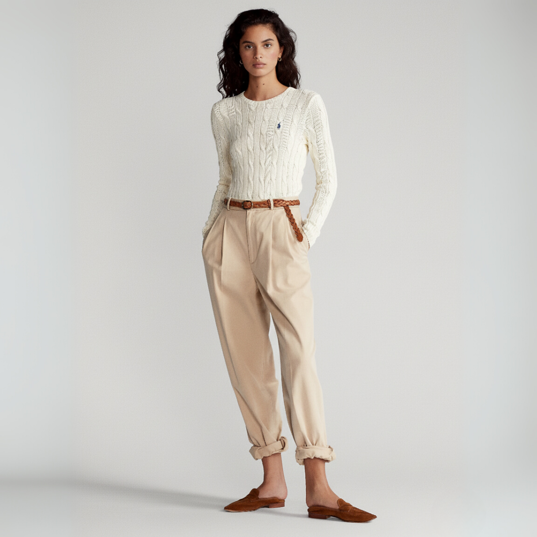 Zopfmuster-Baumwollpullover med rund hals