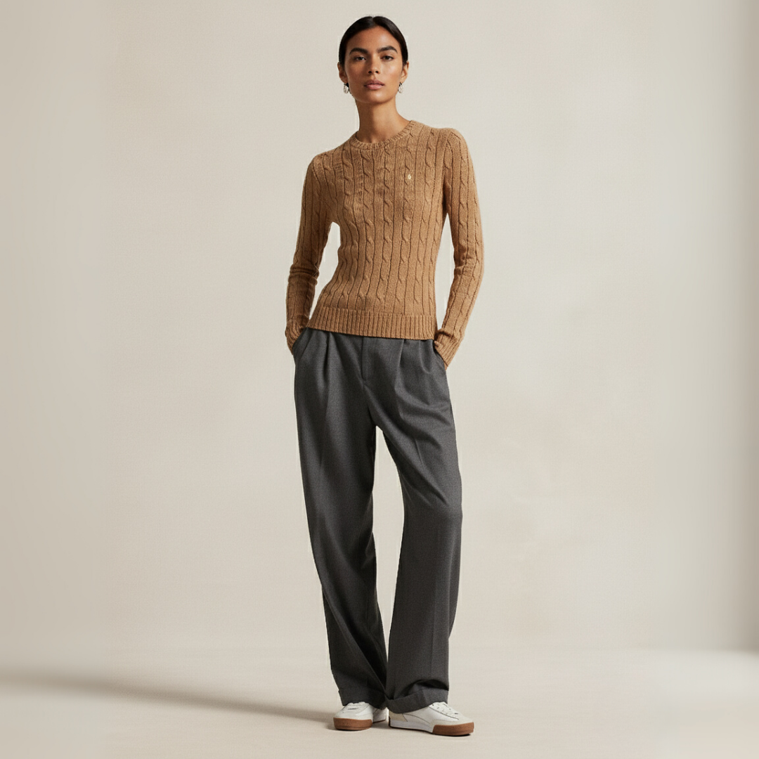 Zopfmuster-Baumwollpullover med rund hals