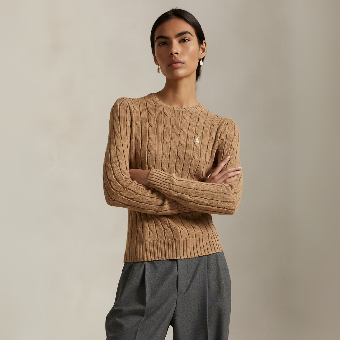 Zopfmuster-Baumwollpullover med rund hals