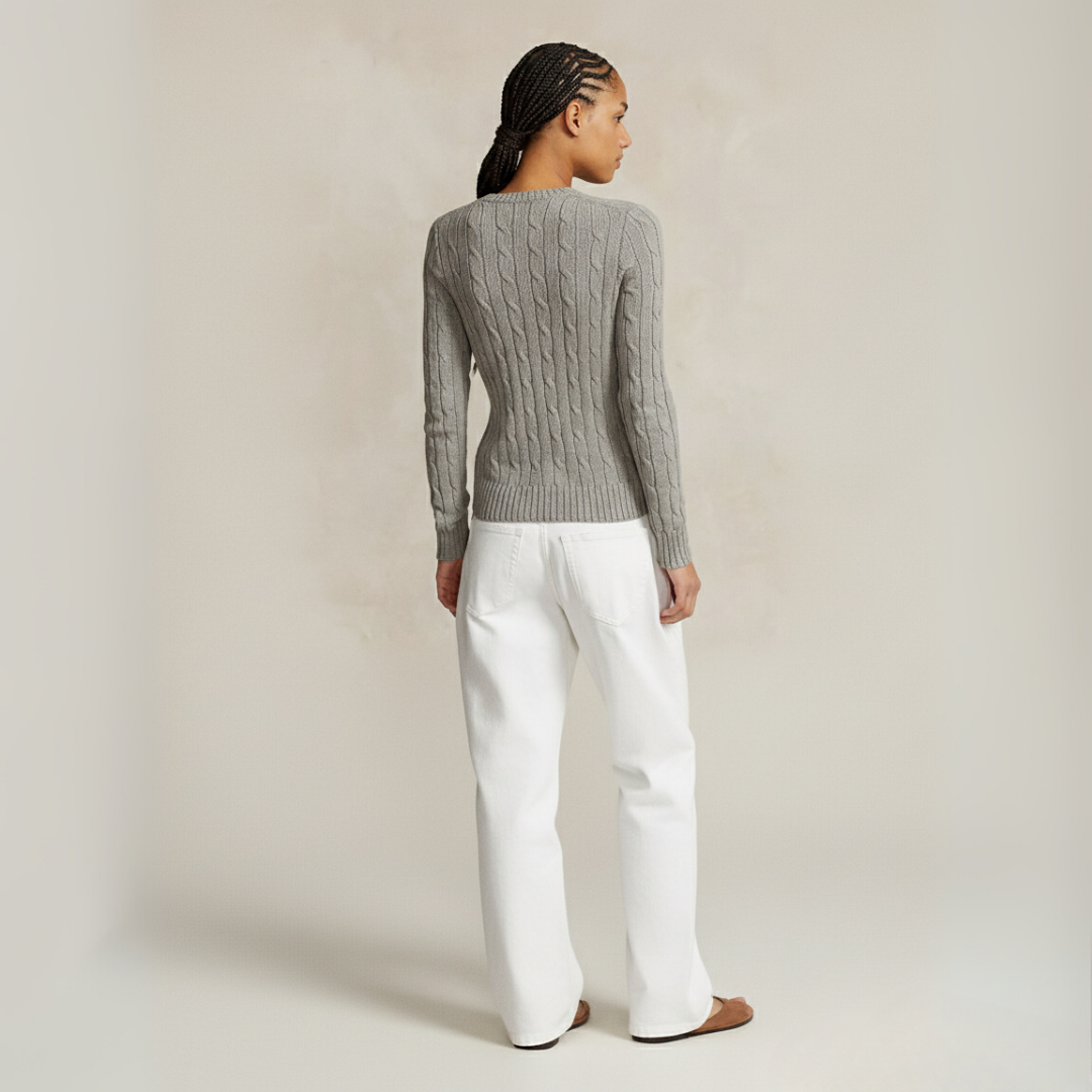 Zopfmuster-Baumwollpullover med rund hals