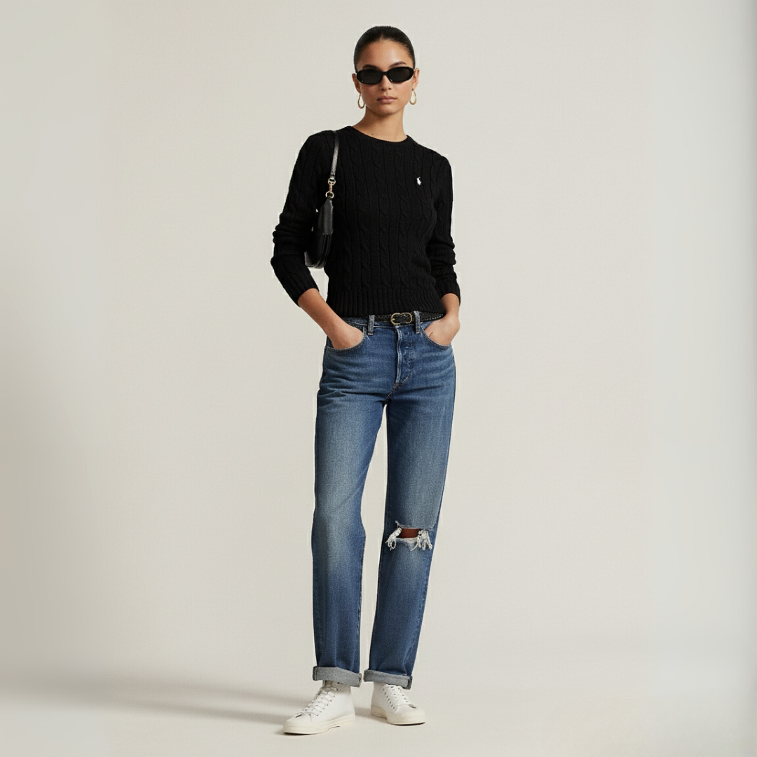 Zopfmuster-Baumwollpullover med rund hals