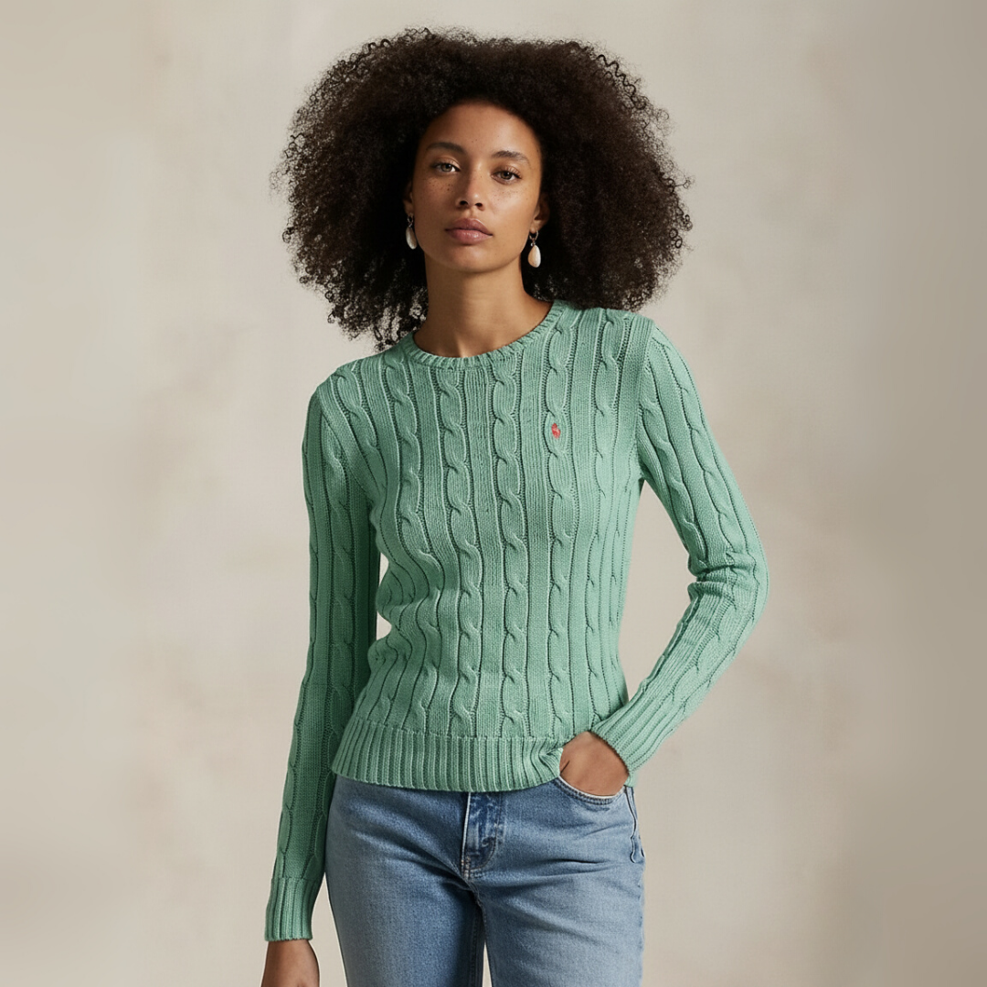Zopfmuster-Baumwollpullover med rund hals