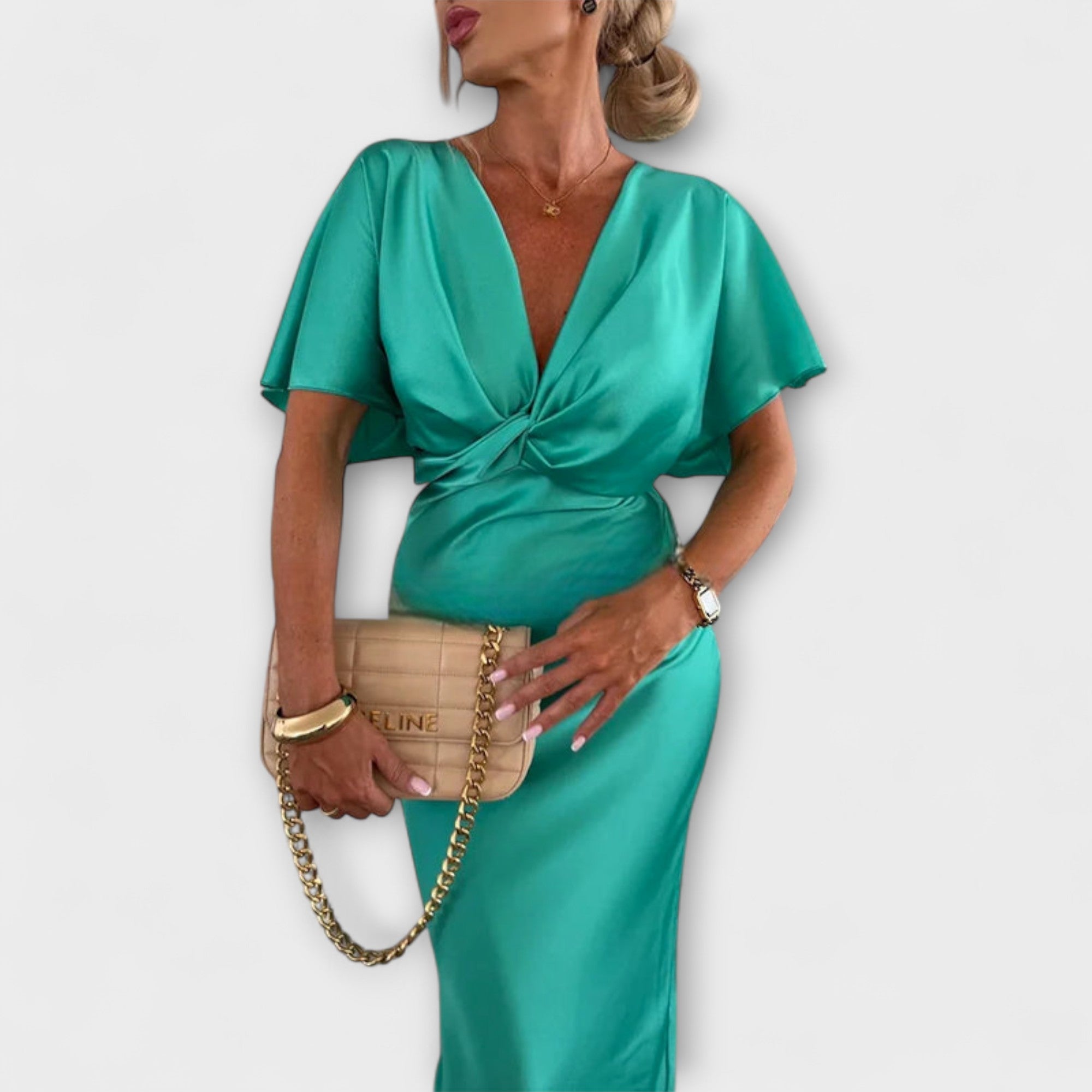 Sable - Solid Satin V-Hals Krysse Knute Slim Fit Maxi Kjole