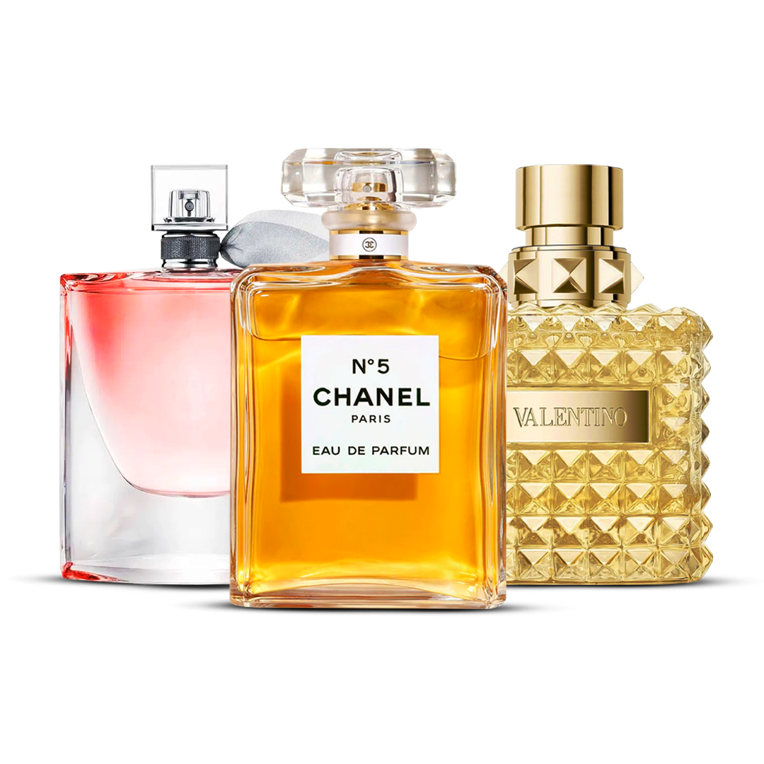 Kombinasjon av 3 kvinnelige parfymer – La Vie Est Belle, Chanel Nº5 og Valentino Donna [100 ml hver]