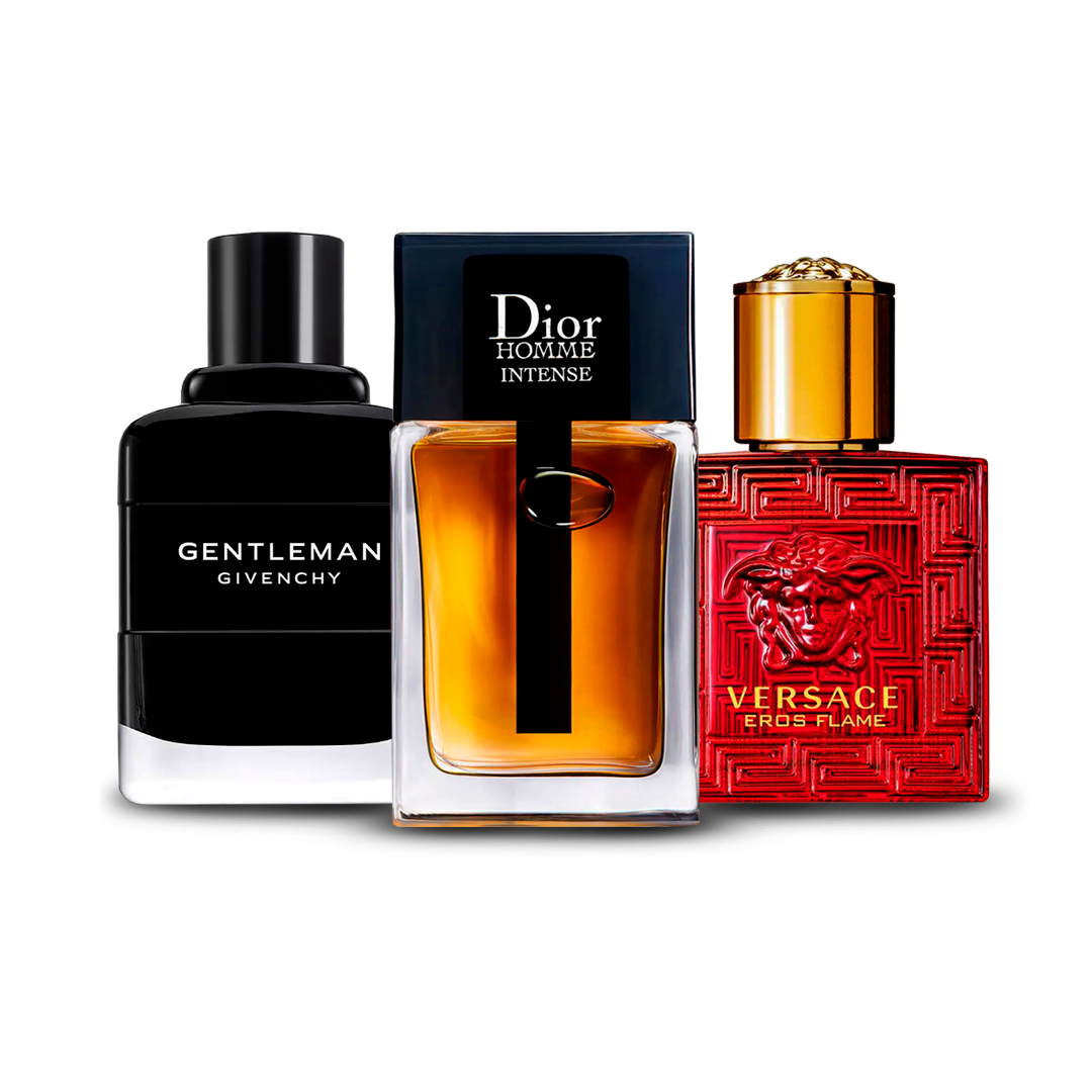 Kombinasjon av 3 herreparfymer – Givenchy Gentleman, Dior Homme Intense og Versace Eros Flame [100 ml hver]
