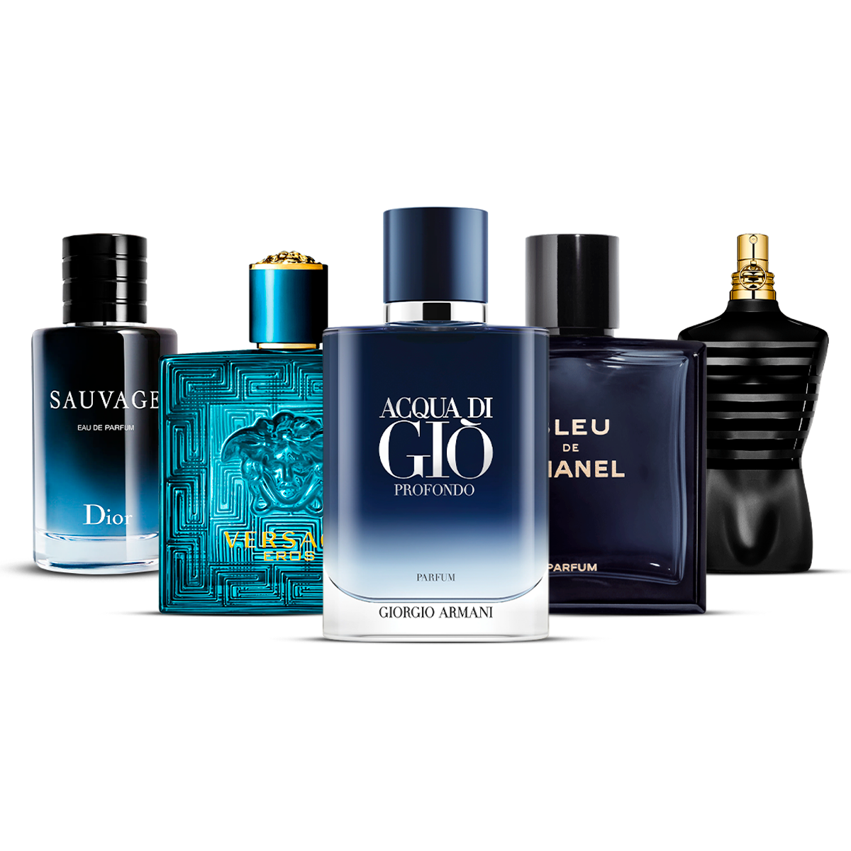 Kombinasjon av 5 herredufter – Sauvage, Versace Eros, Acqua di Giò Profondo, Bleu de Chanel og Le Male [100 ml hver]