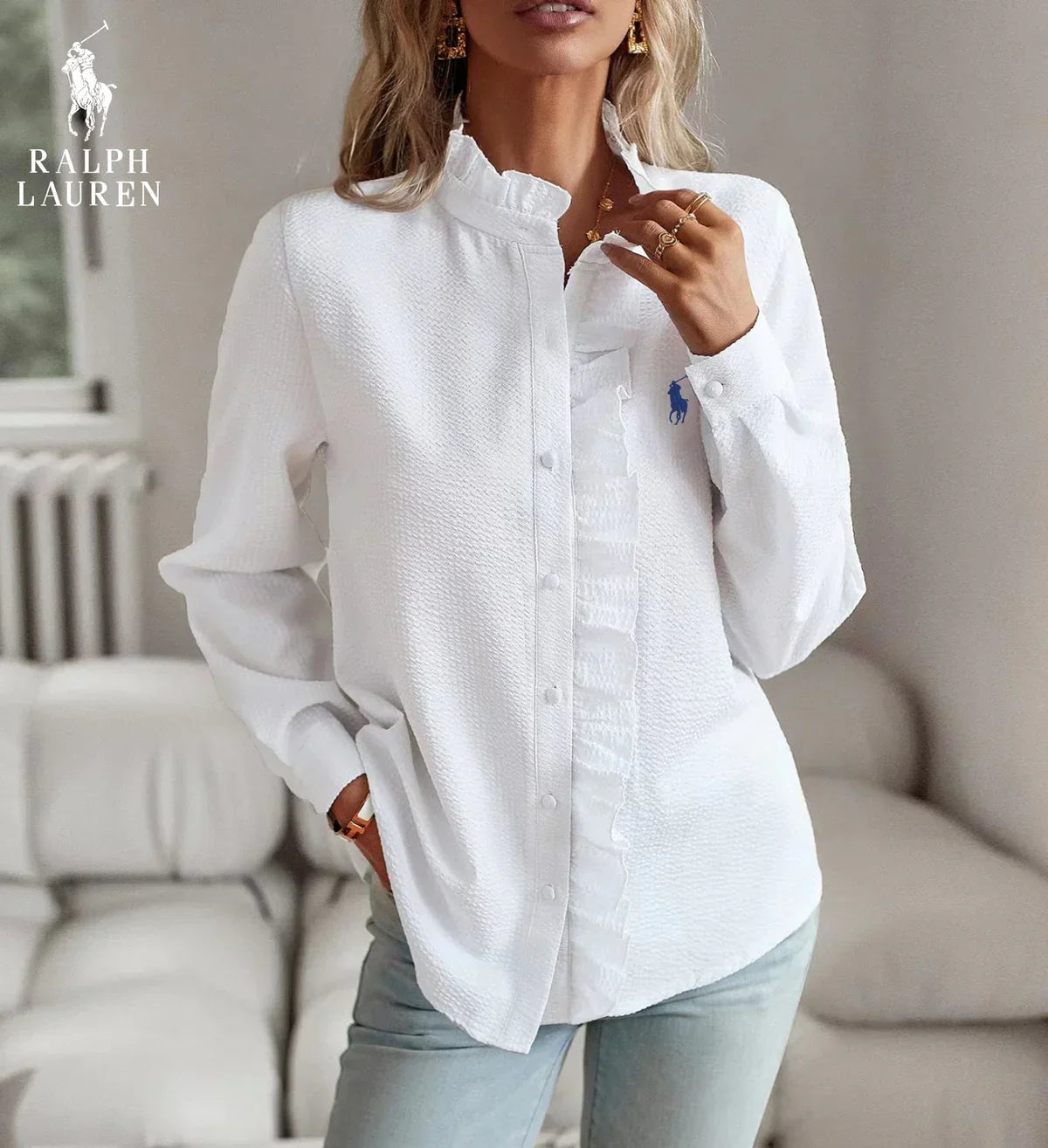 R. Lauren Ruffled Button-Up Shirt – Myk Teksturert Passform