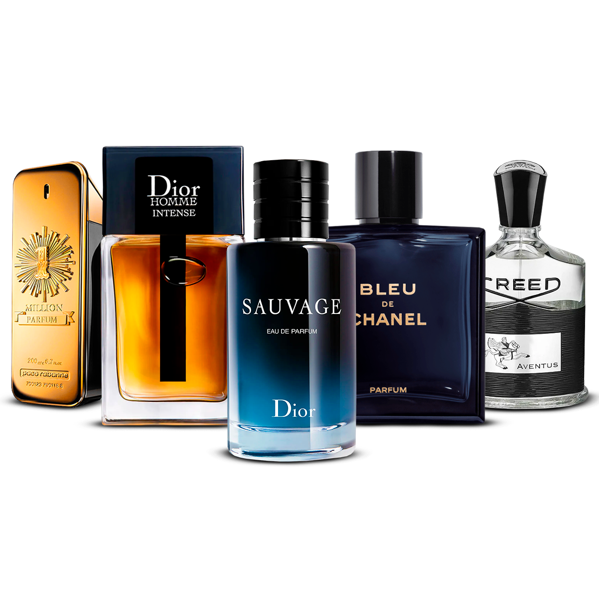 Kombinasjon av 5 herreparfymer – 1 Million, Dior Homme Intense, Sauvage, Bleu de Chanel og Creed Aventus [100 ml hver]