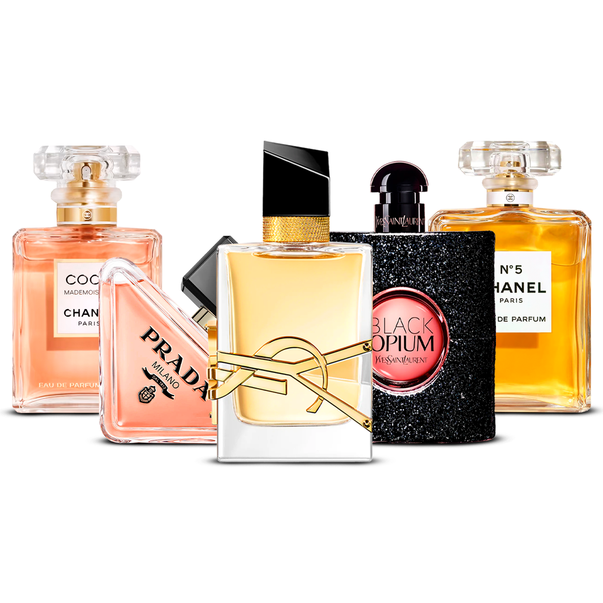 Kombinasjon av 5 kvinneparfymer – Coco Mademoiselle, Prada Paradoxe, Libre, Black Opium og Chanel N°5 [100 ml hver]