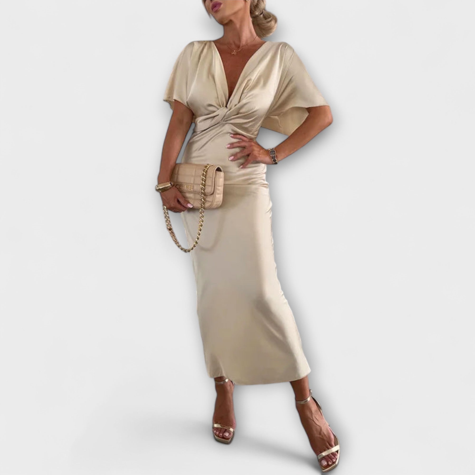 Sable - Solid Satin V-Hals Krysse Knute Slim Fit Maxi Kjole