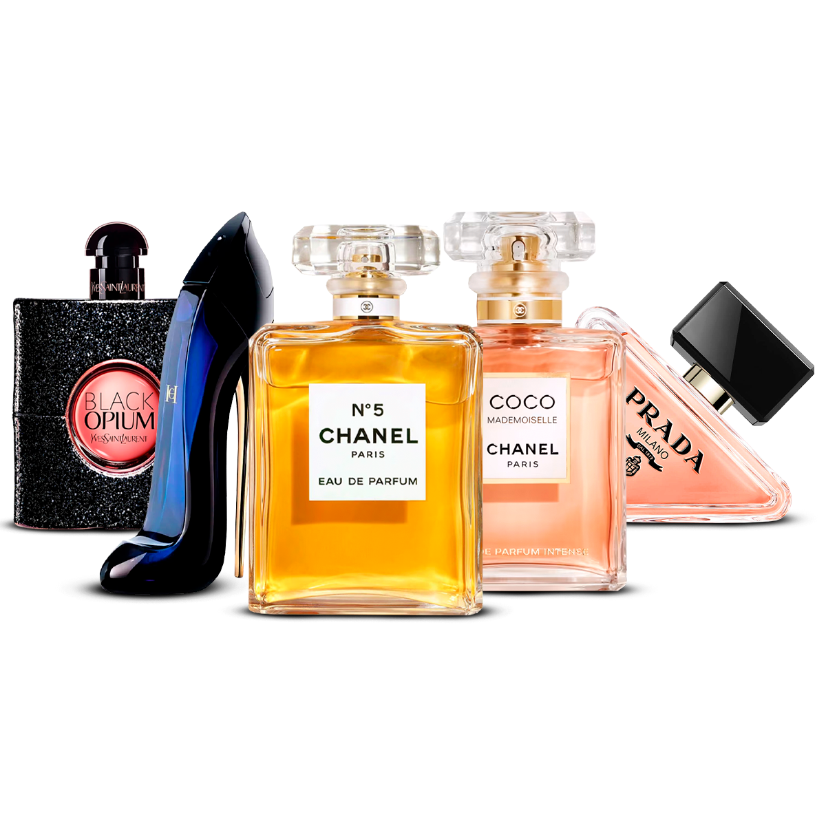 Kombinasjon av 5 kvinnelige parfymer – Black Opium, Good Girl, Chanel N°5, Coco Mademoiselle og Prada Paradoxe [100 ml hver]