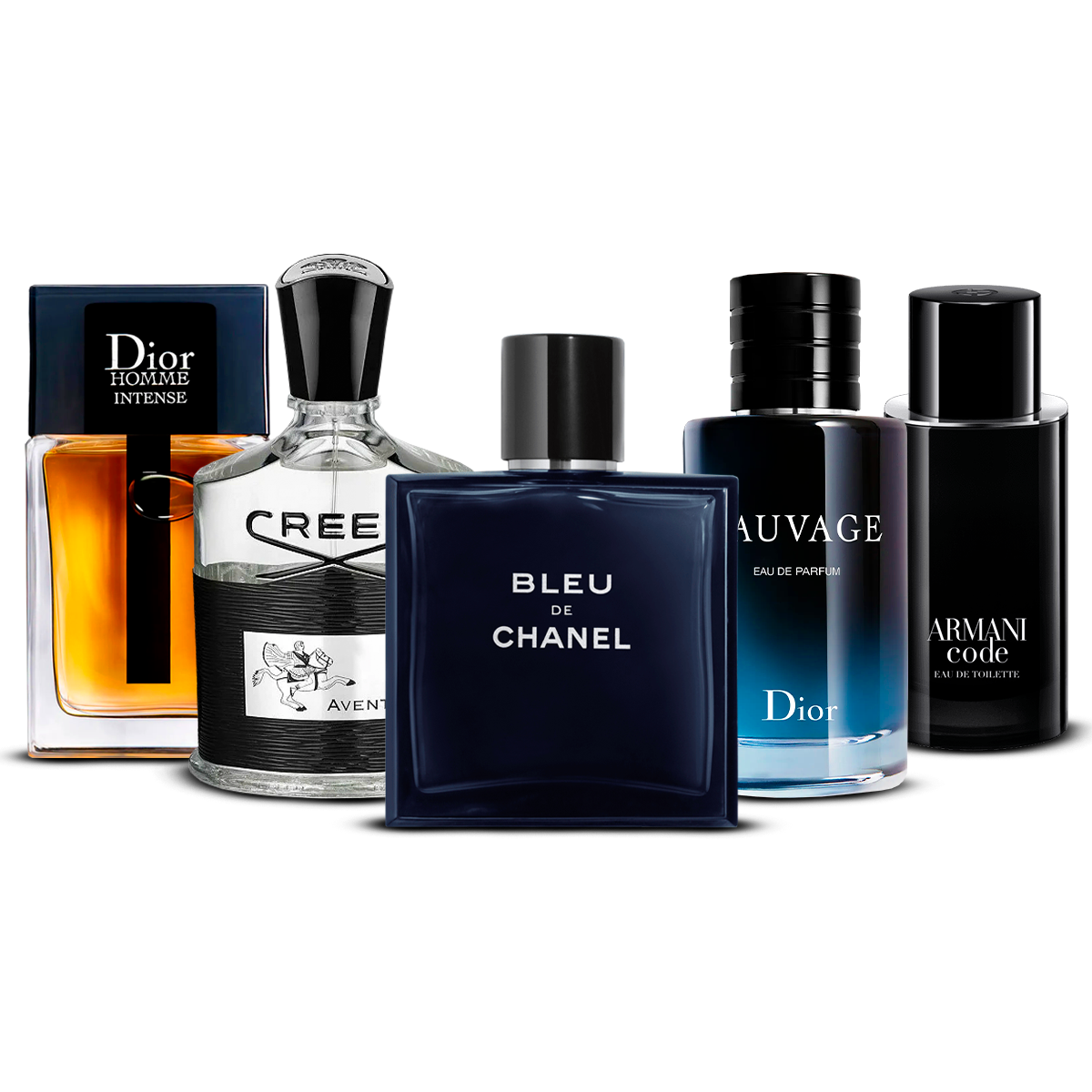 Kombinasjon av 5 herreparfymer – Dior Homme Intense, Creed Aventus, Bleu de Chanel, Sauvage og Armani Code [100 ml hver]