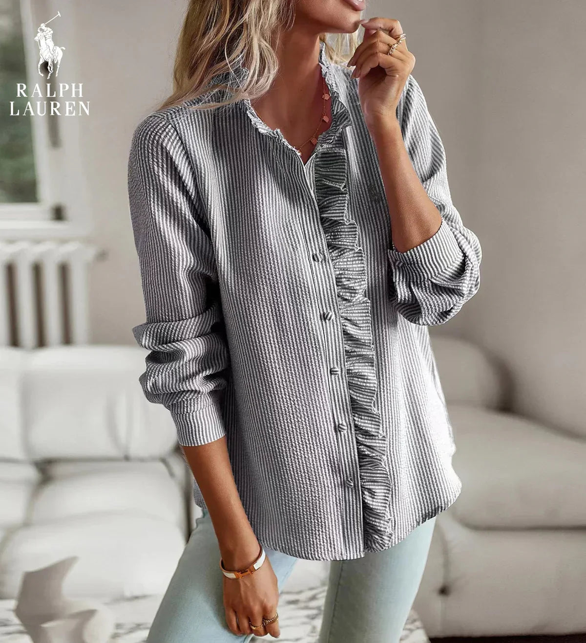 R. Lauren Ruffled Button-Up Shirt – Myk Teksturert Passform