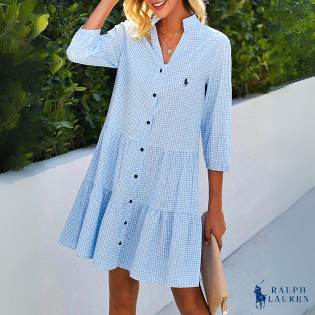 Sommer Chemise Gingham V-Hals Knappe Ned Kjole av R. Lauren