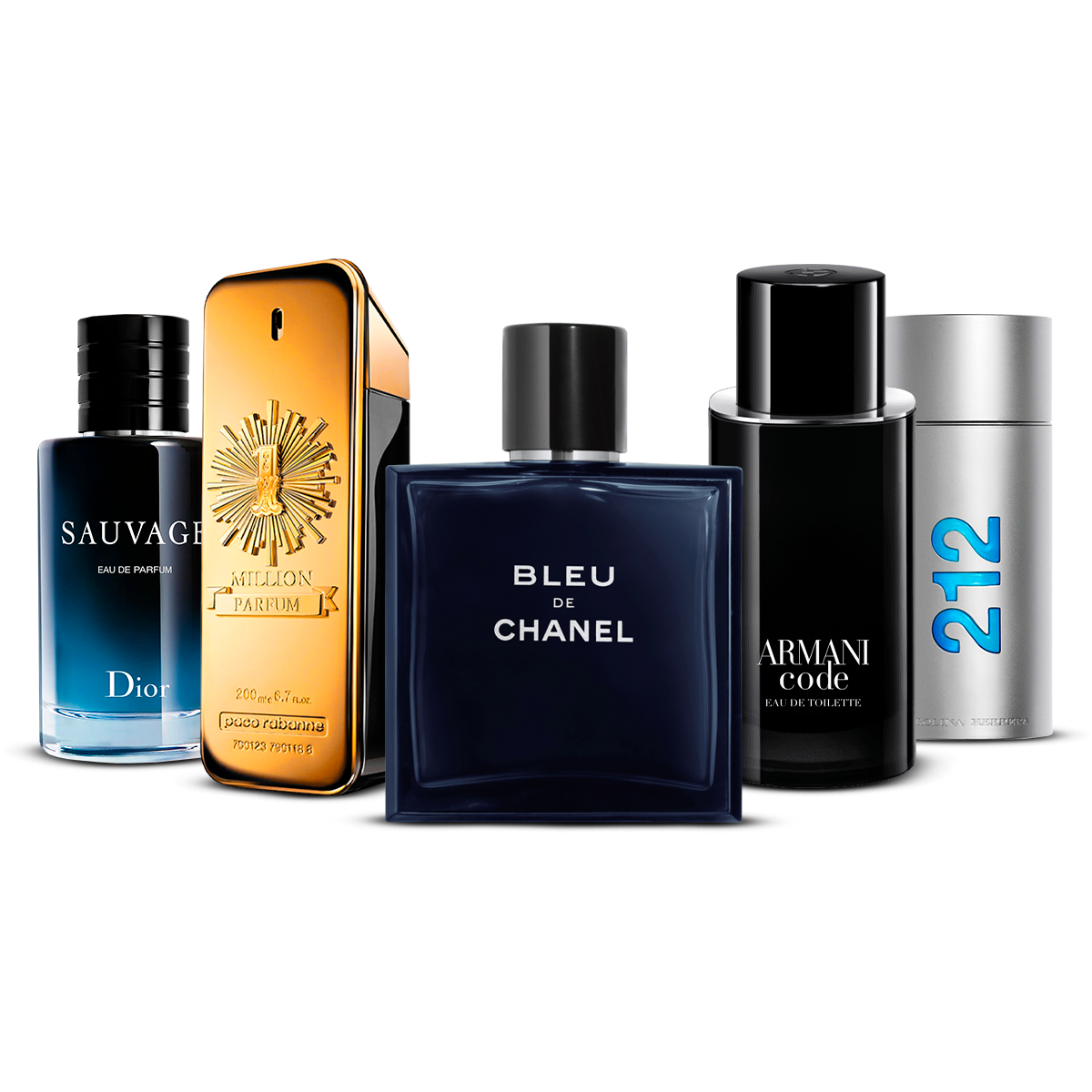 Kombinasjon av 5 herreparfymer – Sauvage, 1 Million, Bleu de Chanel, Armani Code og 212 Men [100 ml hver]