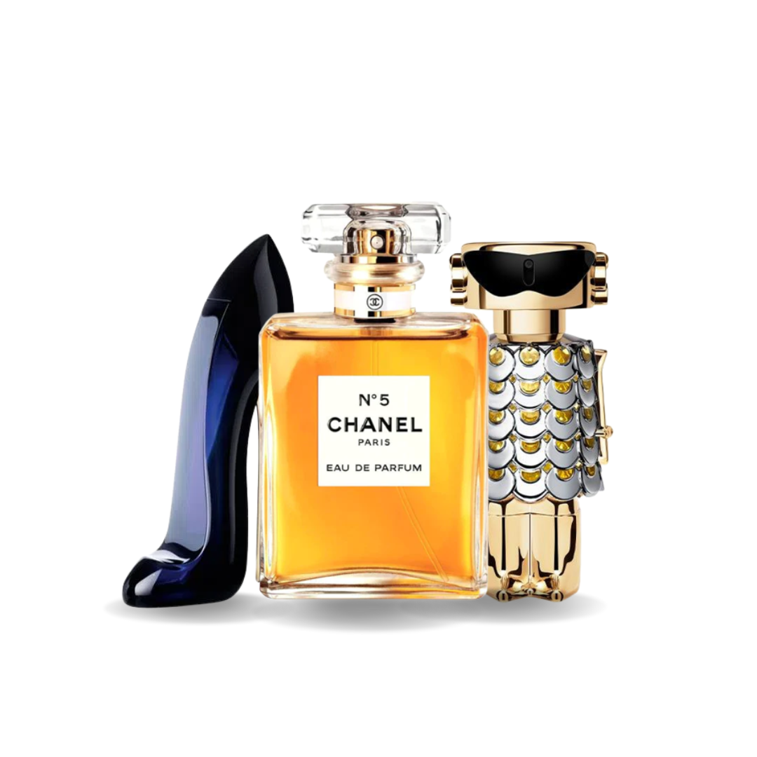 Kombinasjon av 3 parfymer - Good Girl fra Carolina Herrera, Nº5 fra Chanel og Fame fra Paco Rabanne