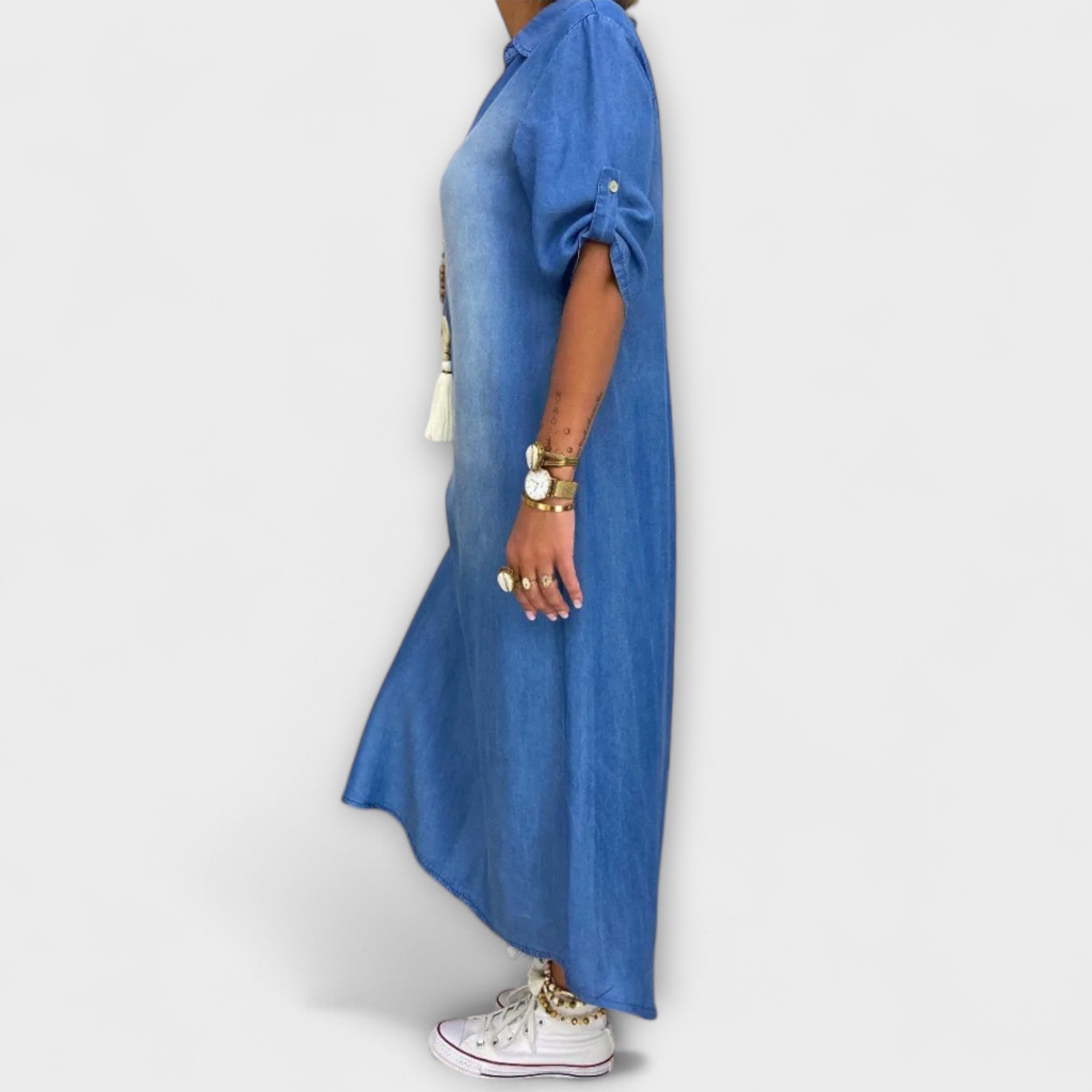 Lea - Lang Denim-Look Kjole med Sideslitt