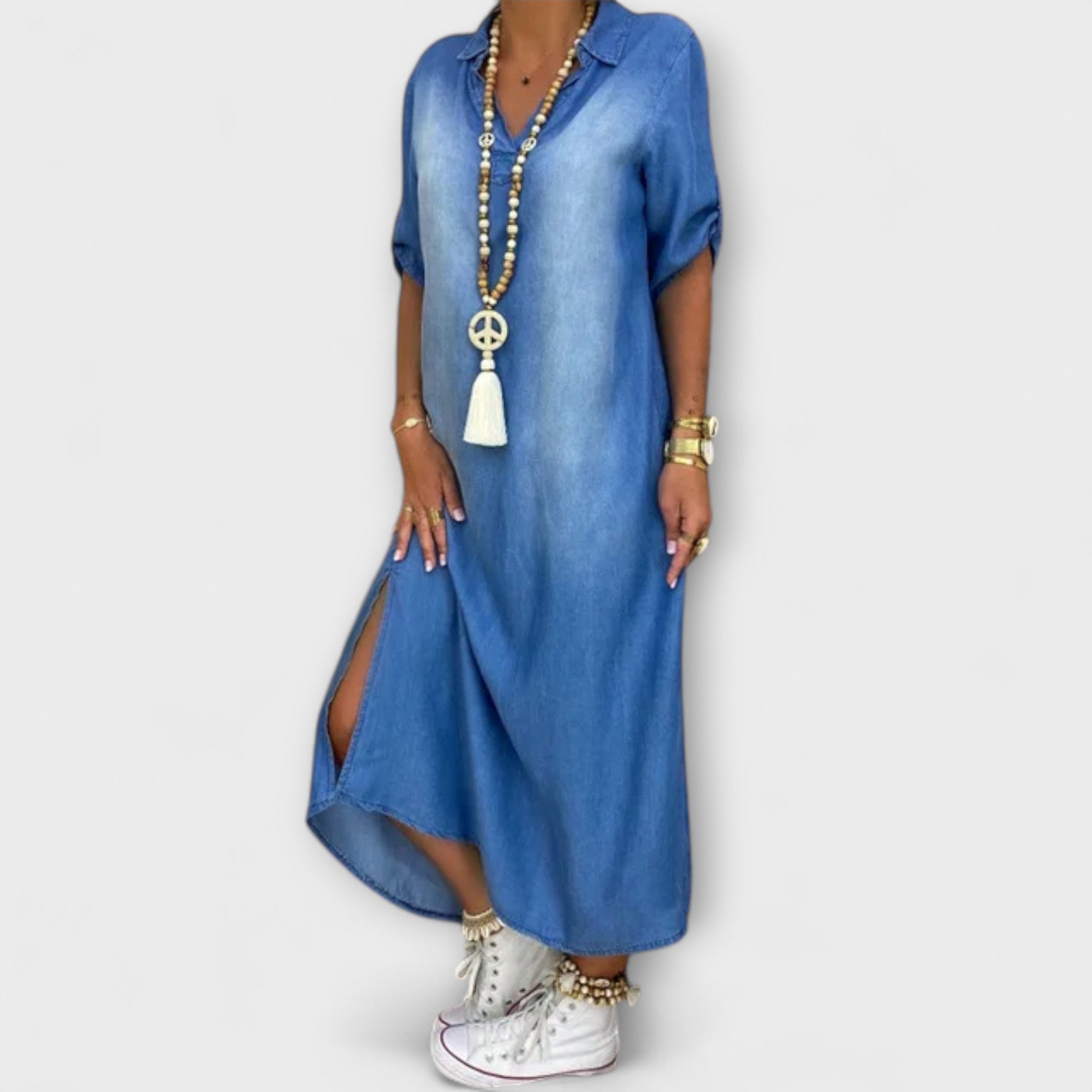 Lea - Lang Denim-Look Kjole med Sideslitt