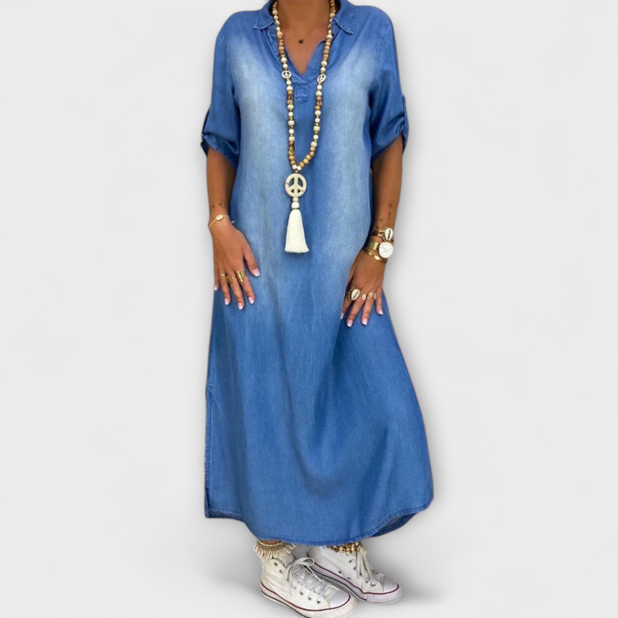 Lea - Lang Denim-Look Kjole med Sideslitt