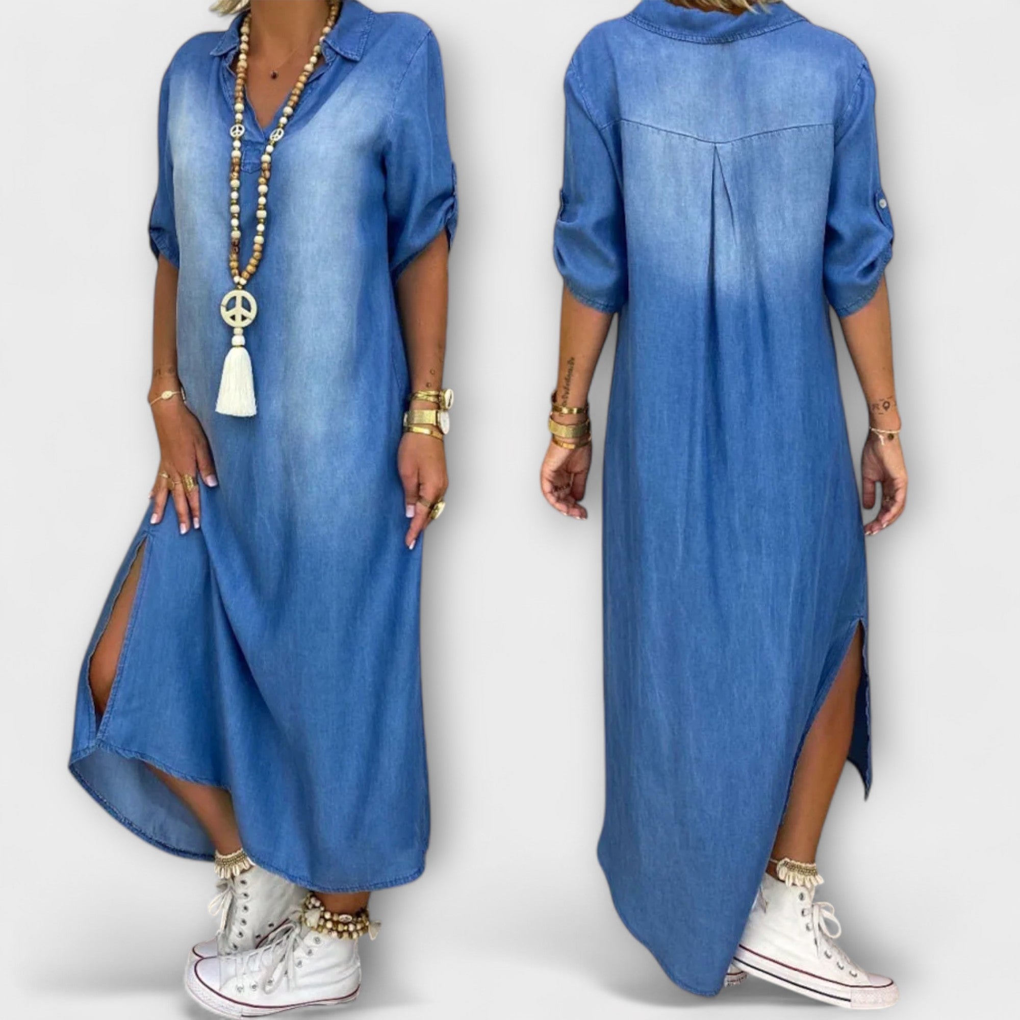 Lea - Lang Denim-Look Kjole med Sideslitt