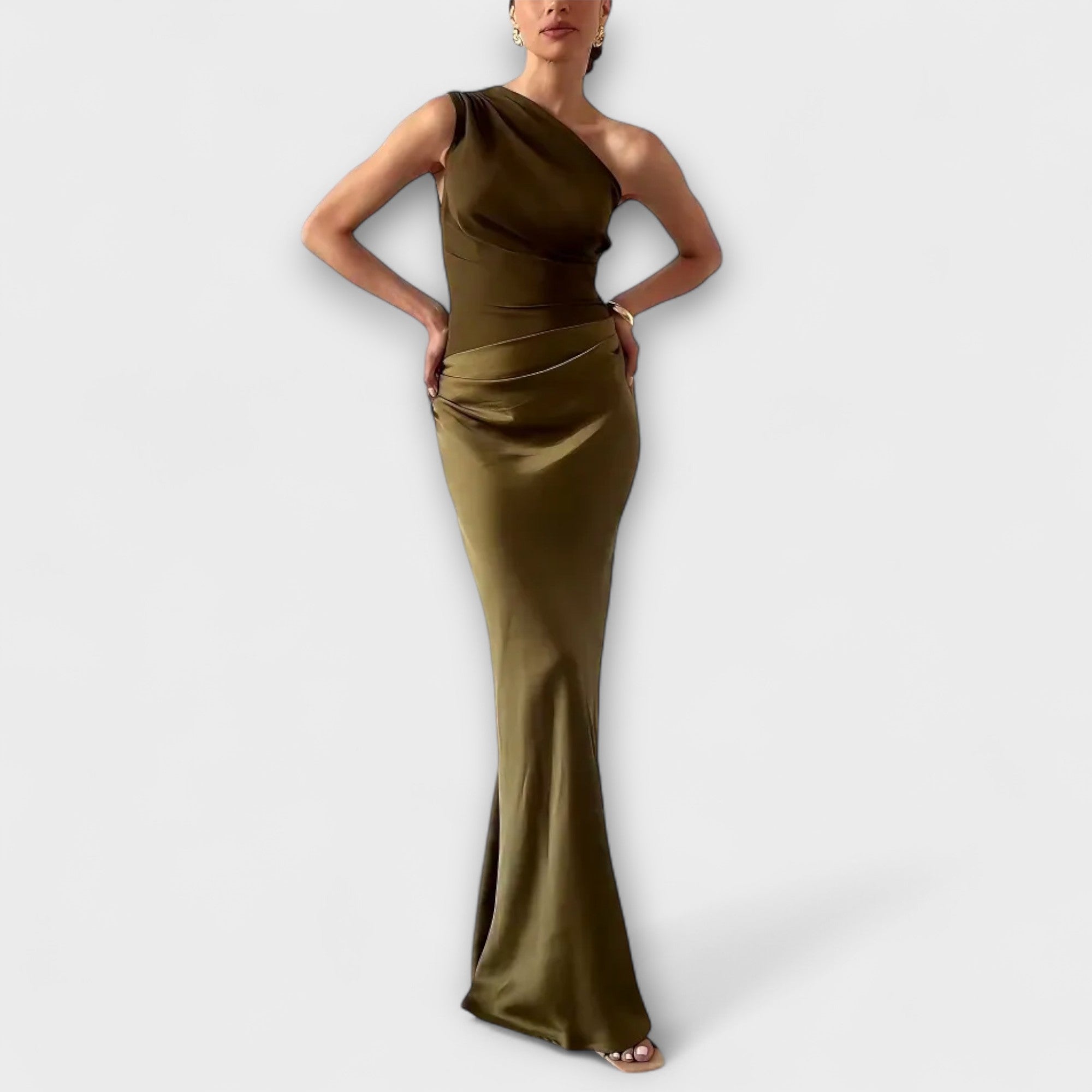 Elegant En-Skulder Plisserte Maxi Kjole