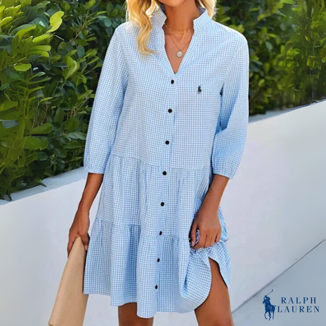 Sommer Chemise Gingham V-Hals Knappe Ned Kjole av R. Lauren