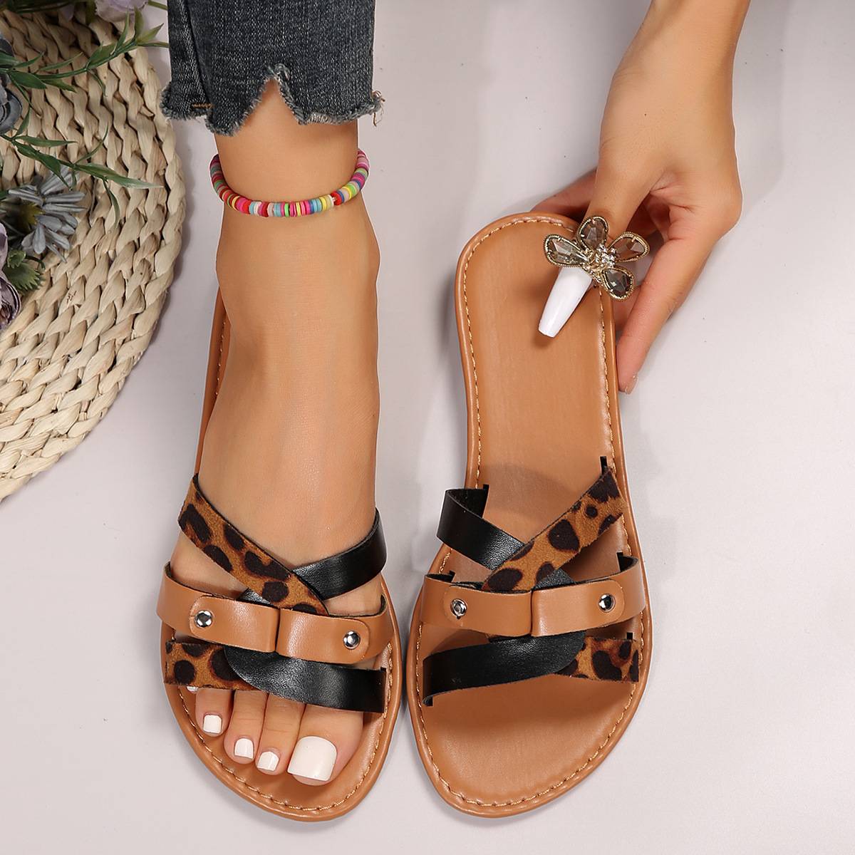 Leopard Krysstraps Sandaler