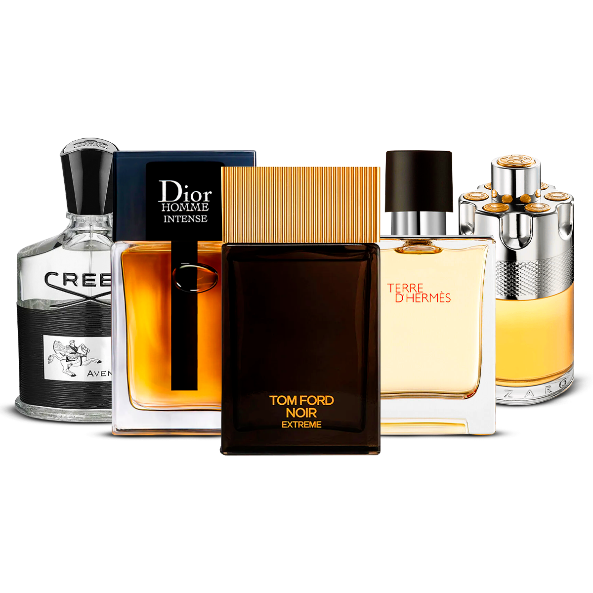 Kombinasjon av 5 herreparfymer – Creed Aventus, Dior Homme Intense, Tom Ford Noir Extrême, Terre d'Hermès og Azzaro Wanted [100 ml hver]