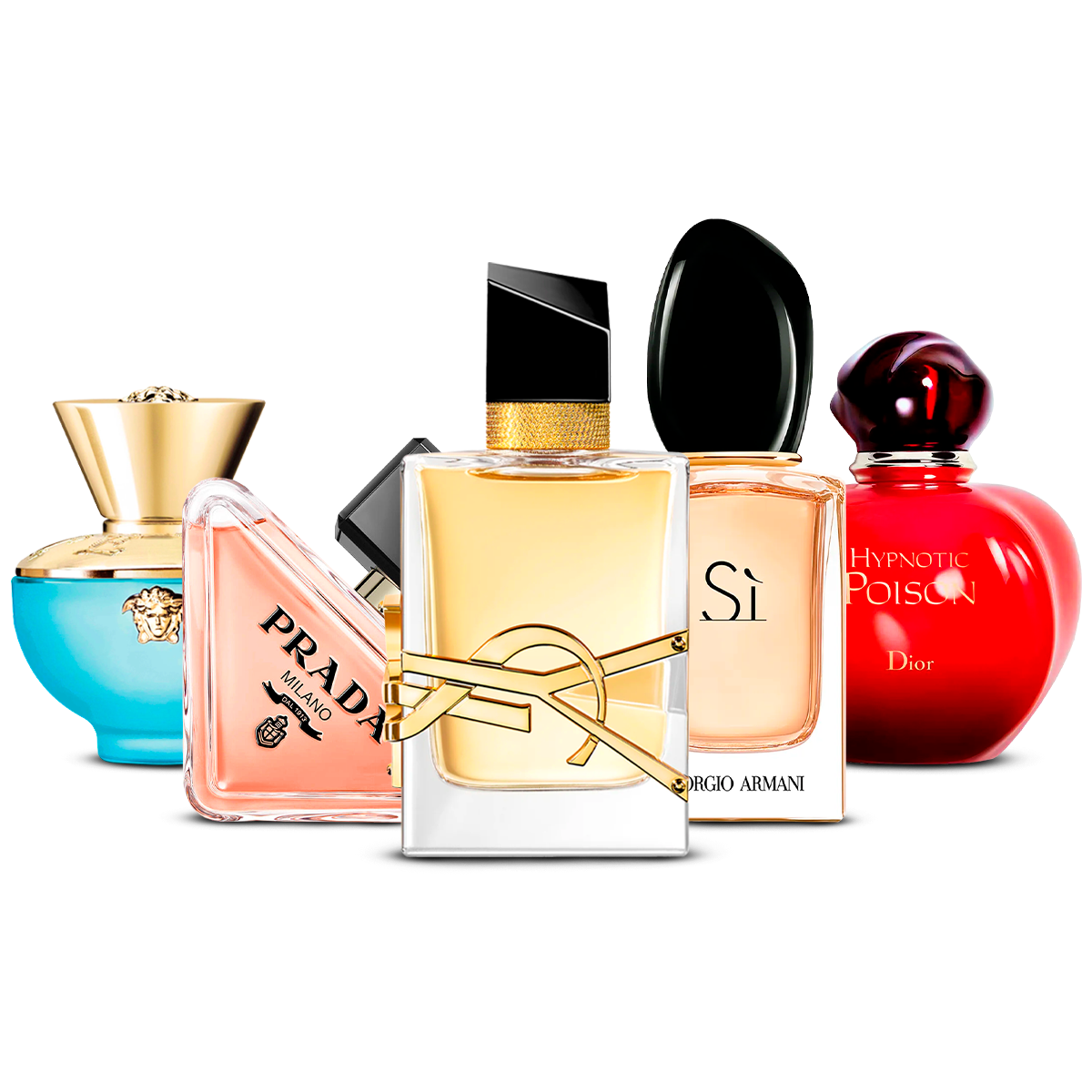 Kombinasjon av 5 kvinnelige parfymer – Versace Dylan Turquoise, Prada Paradoxe, Yves Saint Laurent Libre, Giorgio Armani Sì og Dior Hypnotic Poison [100 ml hver]