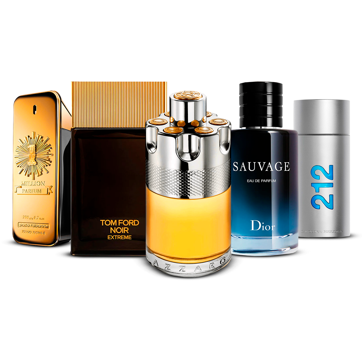Kombinasjon av 5 herreparfymer – 1 Million, Tom Ford Noir Extrême, Azzaro Wanted, Sauvage og 212 Men [100 ml hver]