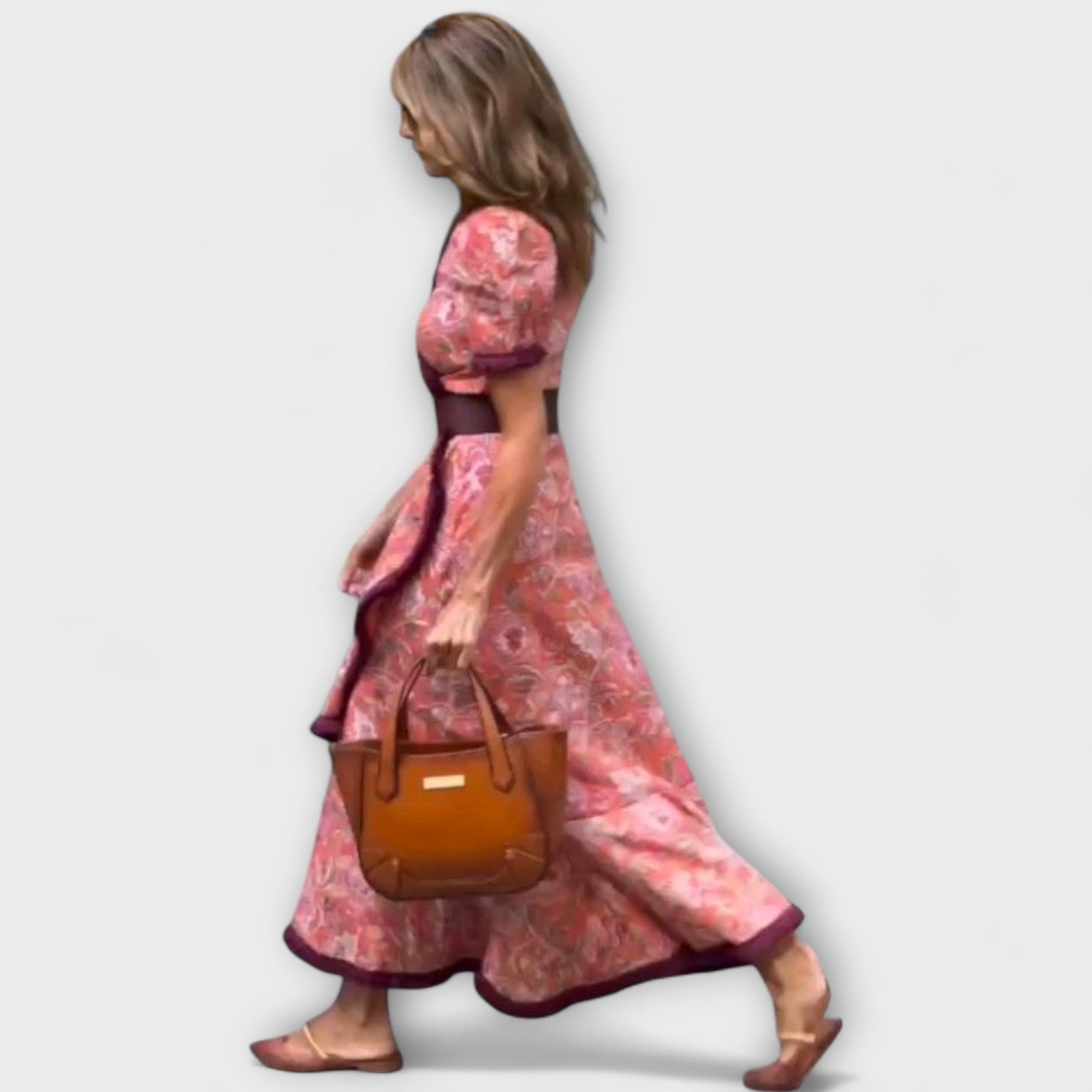 Elegant Rosa Maxi Kjole med Korte Ermer