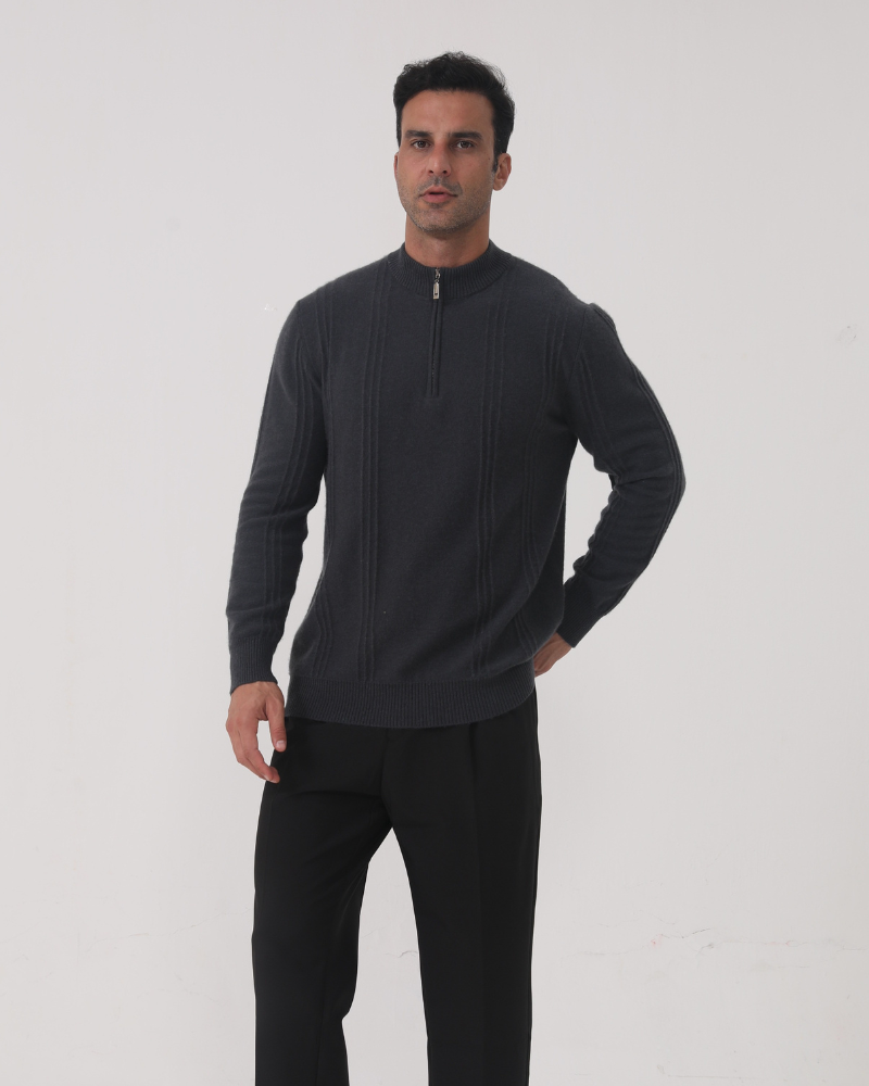 100% Cashmere Ribbet Halv Glidelås