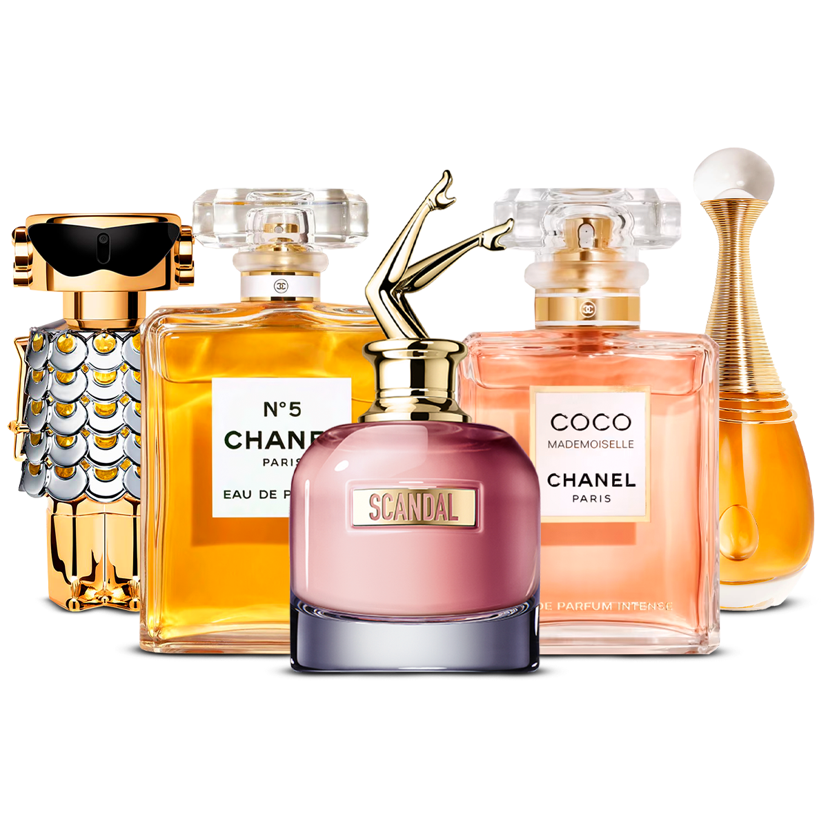 Kombinasjon av 5 kvinneparfymer – Fame, Chanel Nº5, Scandal, Coco Mademoiselle og J'adore [100 ml hver]