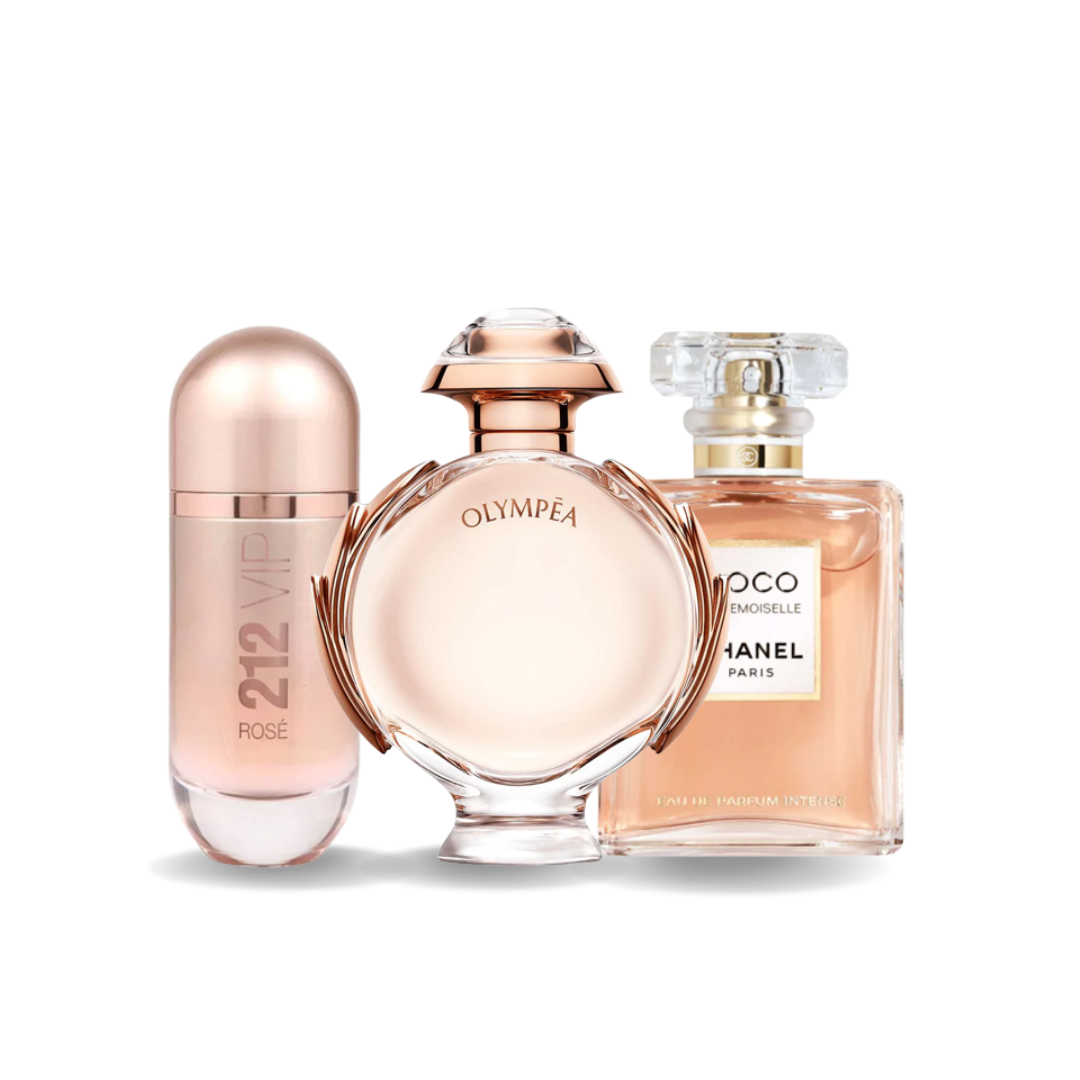 Kombinasjon av 3 dufter - 212 VIP Rosé fra Carolina Herrera, Olympéa fra Paco Rabanne og Coco Mademoiselle fra Chanel [100 ml hver]