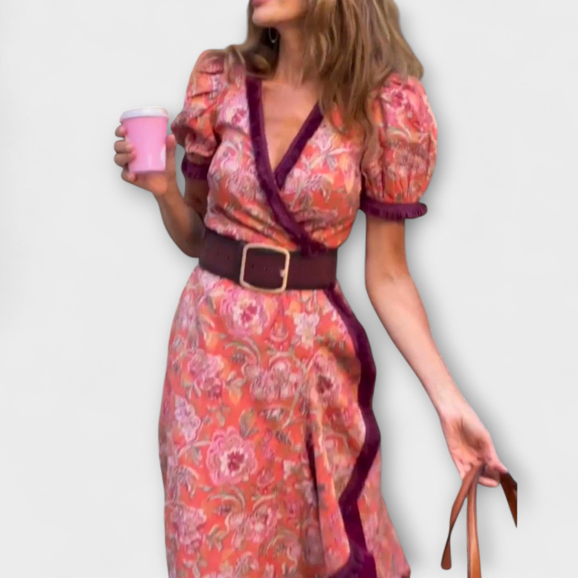Elegant Rosa Maxi Kjole med Korte Ermer