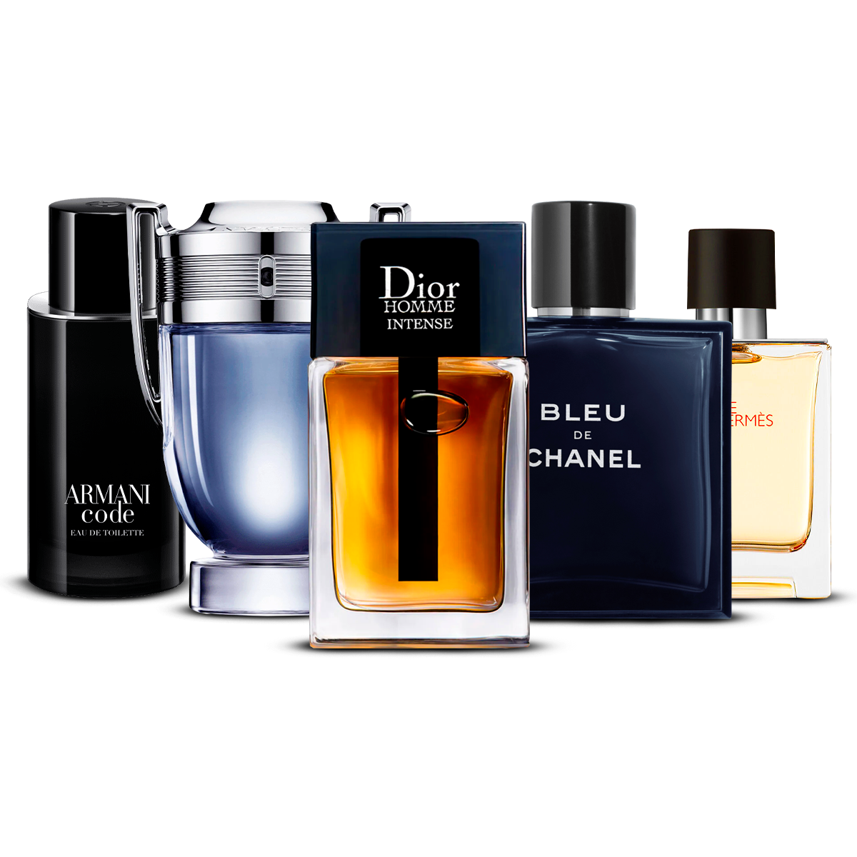 Kombinasjon av 5 herreparfymer – Armani Code, Invictus, Dior Homme Intense, Bleu de Chanel og Terre d'Hermès [100 ml hver]